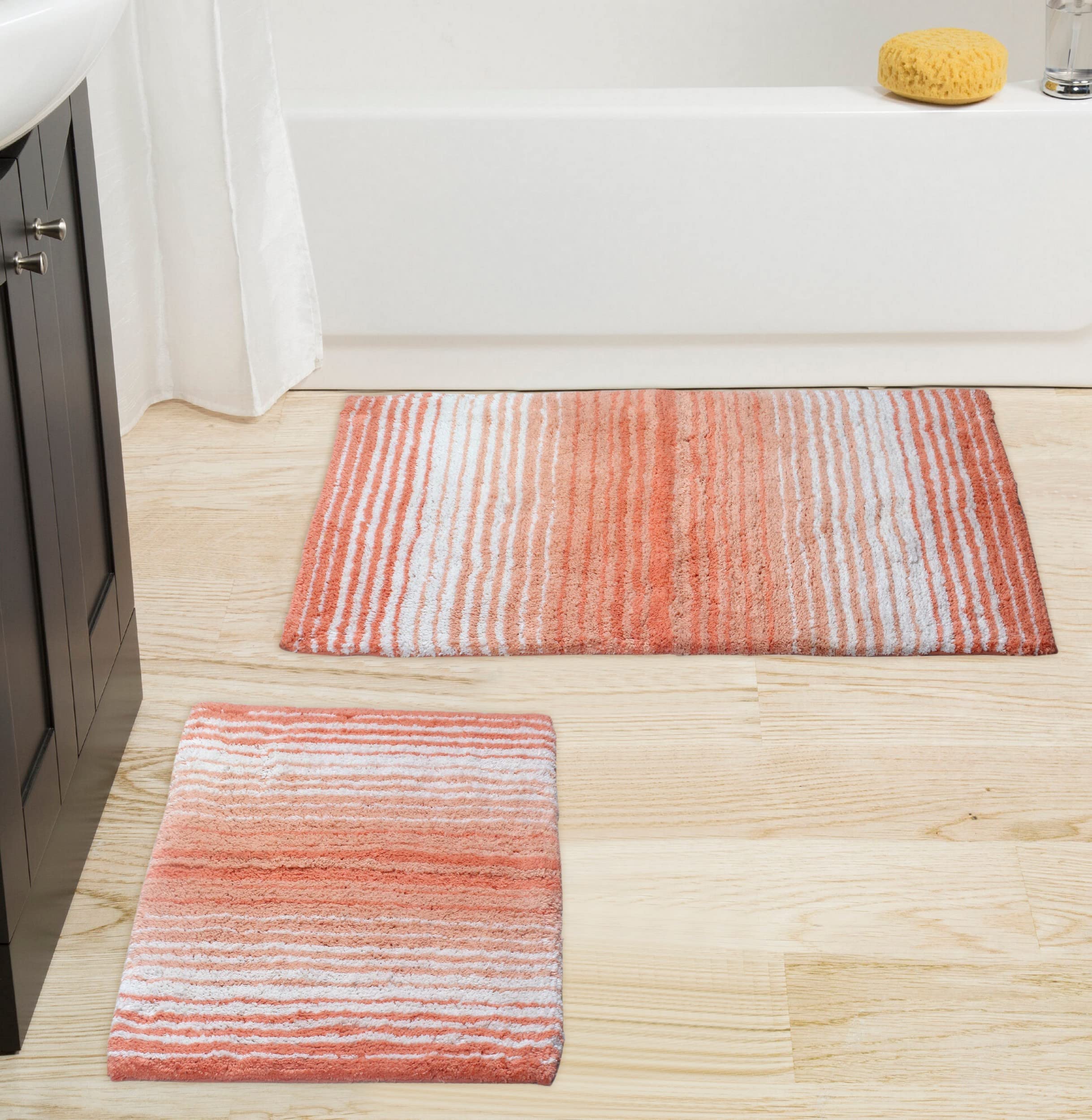 Home Weavers 100% Cotton Gradiation Collection Bathroom Décor | Washable Rug | Bathroom Mat | Kitchen Mat | Bathroom Rug Set | Bath Mat Set | Bath Floor Mat Non Slip, 2 Piece Set(S+M), Coral