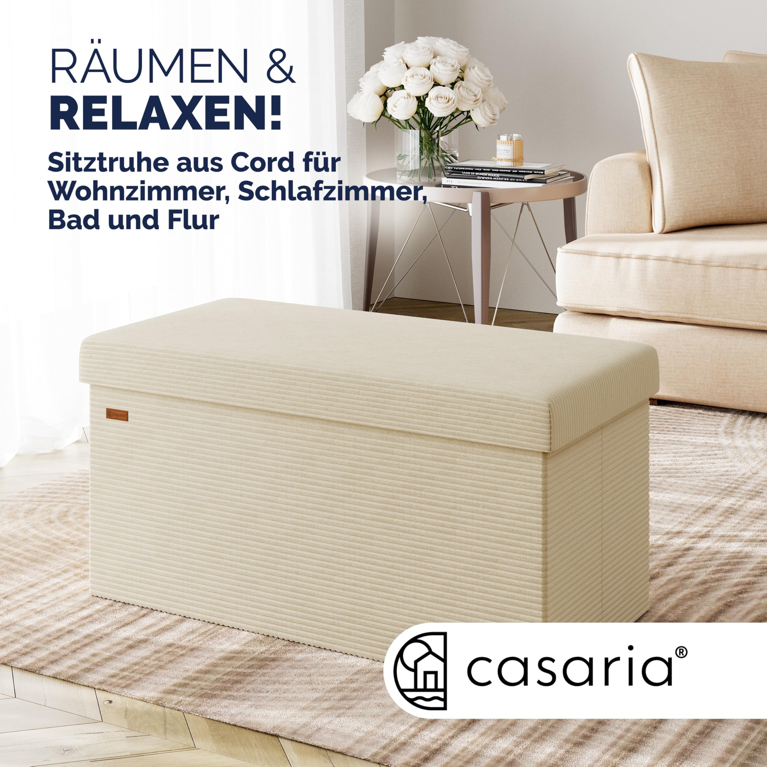 Casaria® Sitzbank mit Stauraum Beige Cord Faltbar Sitzbank 300kg Belastbar 76x38cm Truhe für Wohnzimmer Schlafzimmer Flur Diele Truhenbank Bank