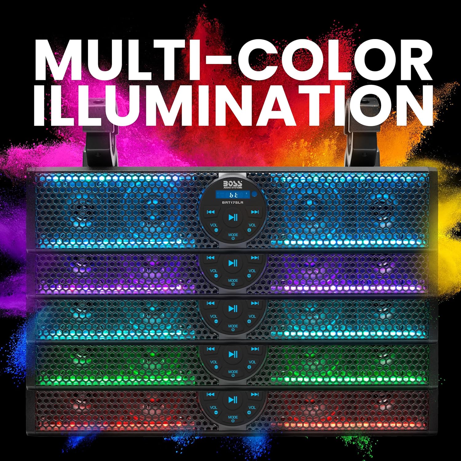 BOSS Audio Systems BRT17SLR showing various multi-color illumination options