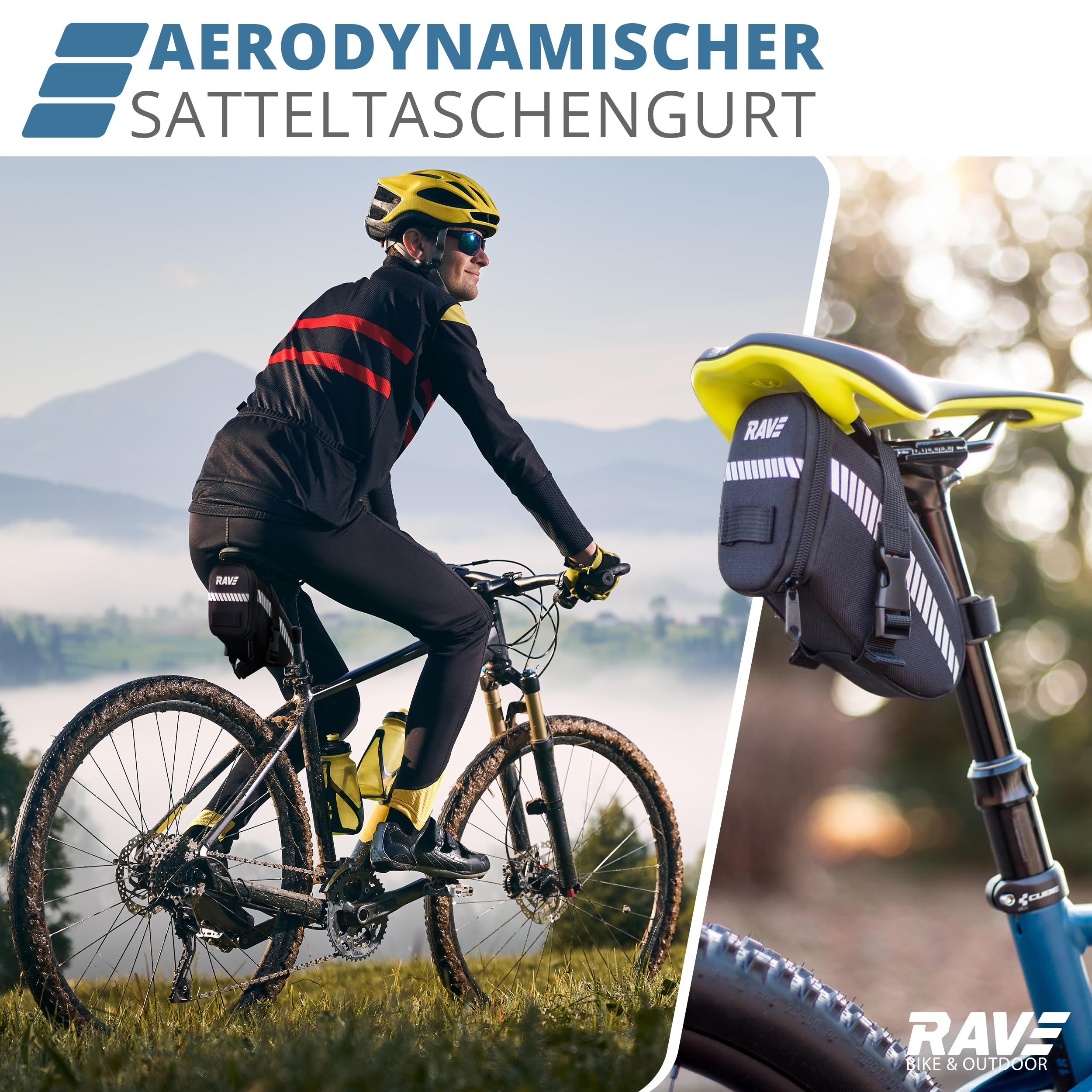 RAVE Fahrradtasche Satteltasche Strap M – kompakte Satteltasche – werkzeuglose Montage – reflektierend Sport & Freizeit