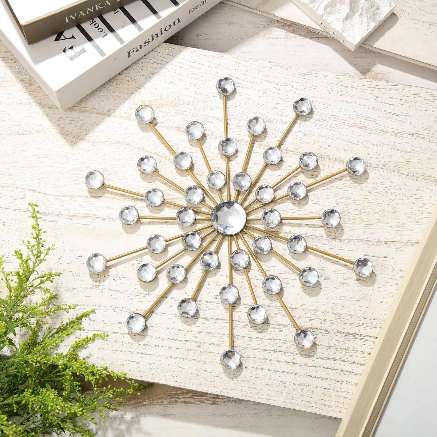 Barydat 6 Pcs Metal Starburst Wall Decor Bling Crystal Wall Art Rhinestone Sunburst Home Decoration No Punch Starburst Hanging Diamond Accents for Living Room Bedroom(25cm,Gold)