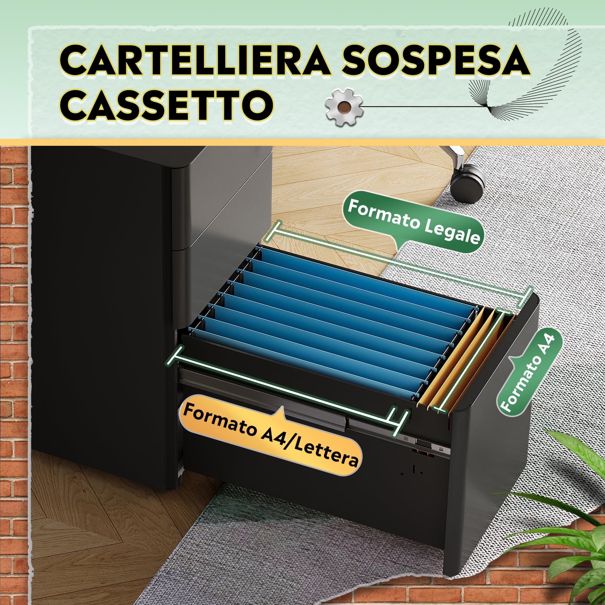 DEVAISE Carrello Portadocumenti con 3 Cassetti Bloccabili, Mobile Ufficio Multifunzione, Scaffale Stampante e Cassettiera con Ruote,Nero