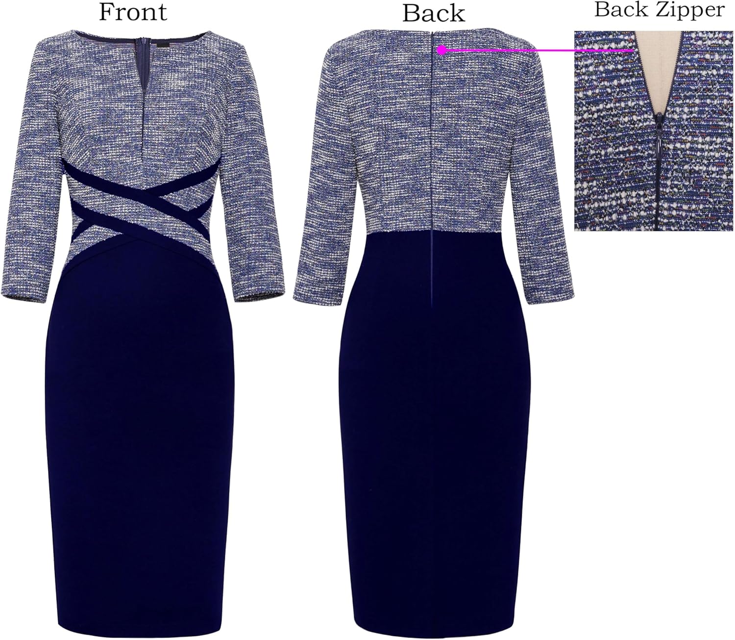 VFSHOW Womens Work Business Casual 3/4 Sleeve Slimming Fitted Front Zipper Crisscross Waist Office Party Pencil Sheath Dress - Image 5