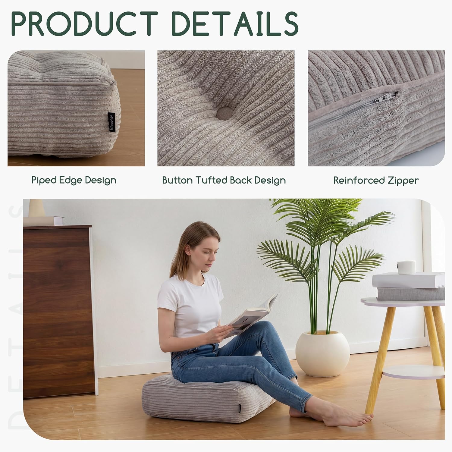 HIGOGOGO Tufted Corduroy Recliner Seat Cushion for Elderly, 20x20x6 Inch Extra Large Square Seat Cushion for Recliner Chair, Floor Pillow, Office Chair, Car, No Pressure on Thighs, Grey