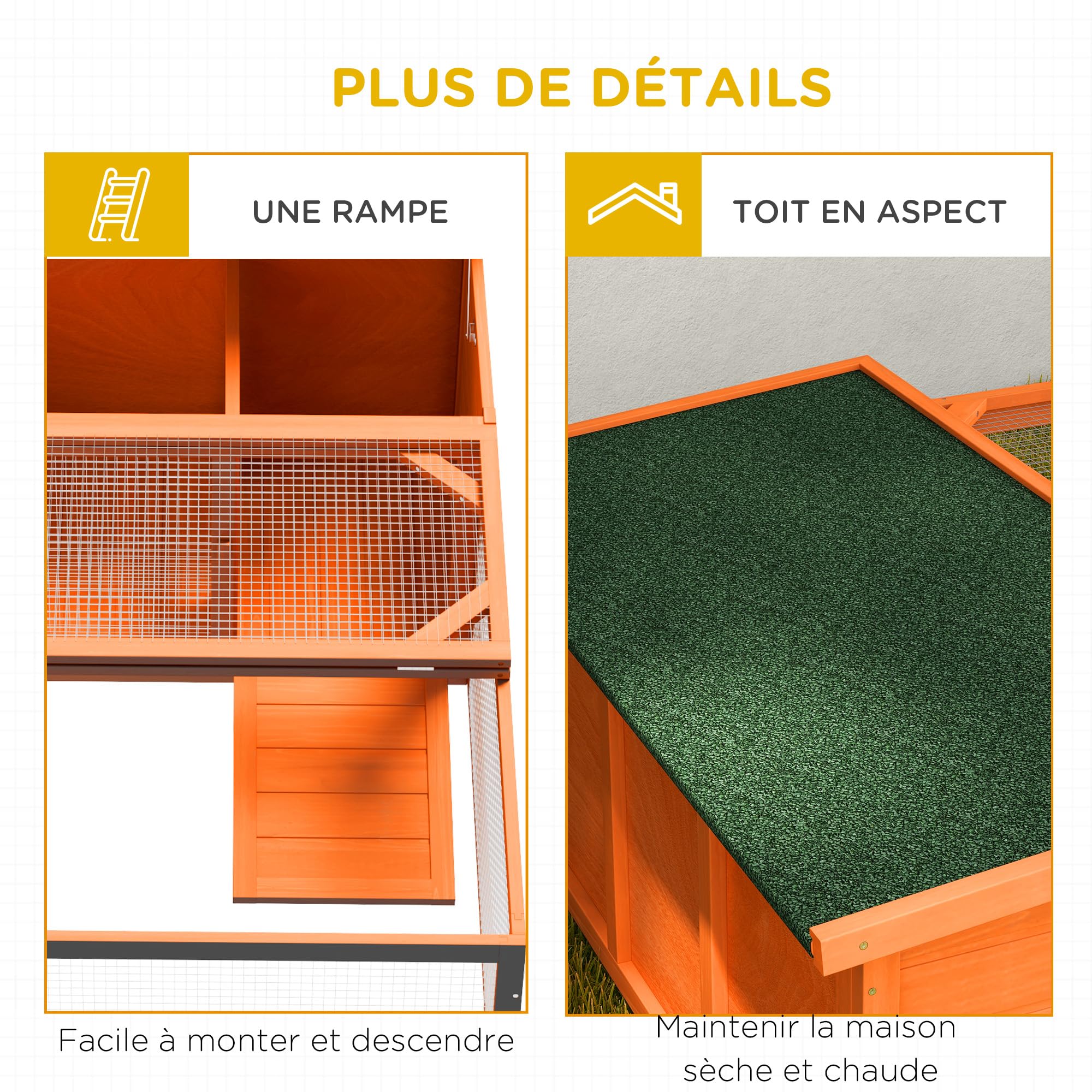 PawHut Clapier d'extérieur, Cage Lapin avec enclos, Toit en Asphalte, Cage à Lapin en Bois, pour Petits Animaux, cochons d'Inde et Canards, 125,5 x 100 x 49 cm, Orange