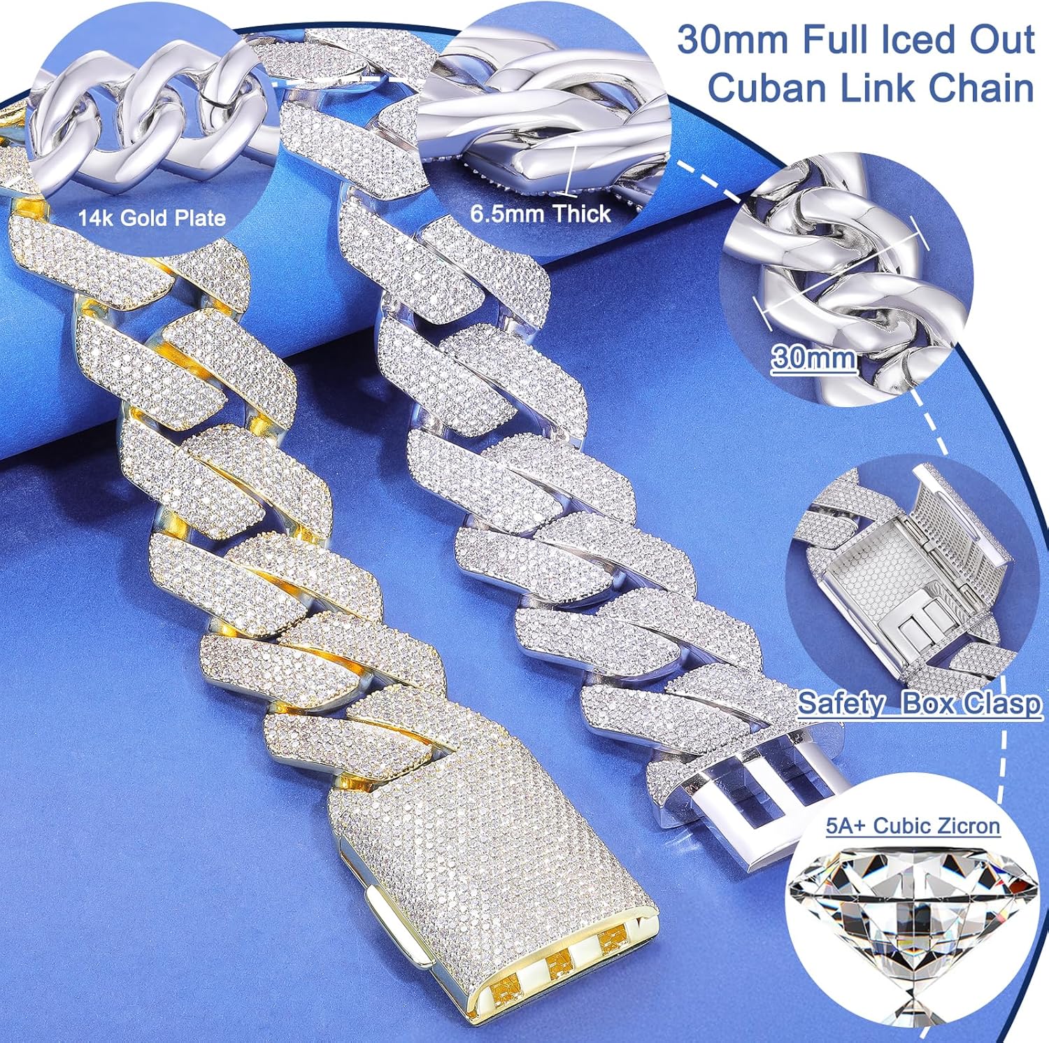 30MM/25MM Solid Big Cuban Link Chain for Men Large Thick Iced Out Chain 18K Gold Plated 5A+ Zicron Cuban Necklace Gold/Silver Iced Out Diamond Miami Link Necklace Bling Luxury Jewelry - Image 3
