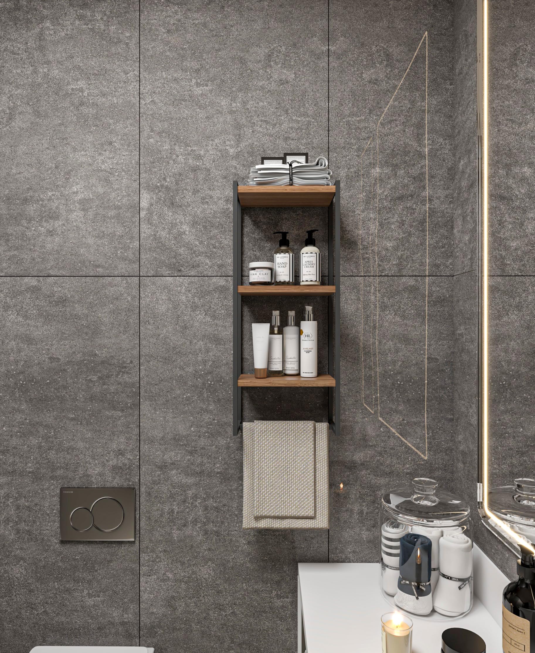 3-Tier Bathroom Shelf, Wall Mounted Storage for Towels and Blankets, Metal and Wood Frame, Anti-Rust Towel Rack with Shelf for Toiletries, Bathroom,