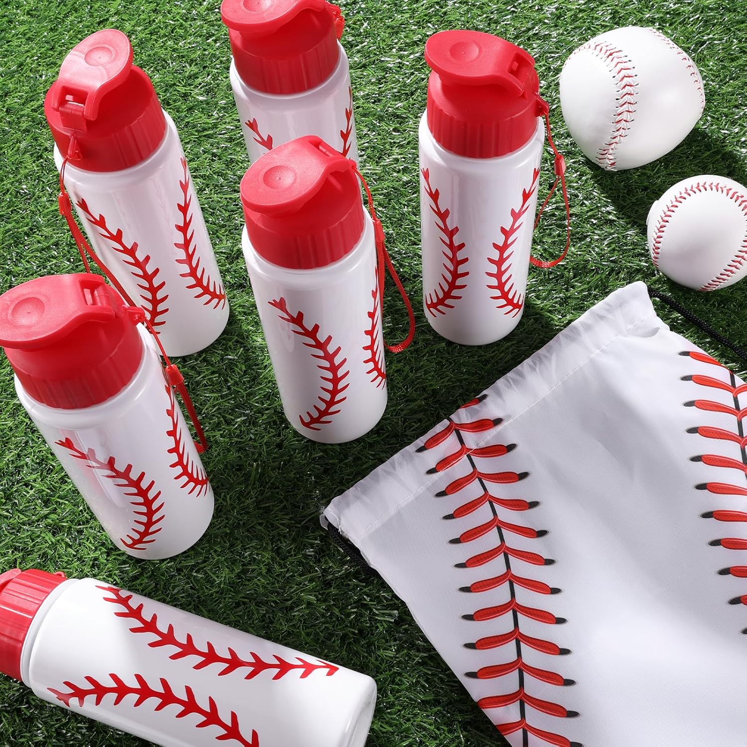 Olgaa 12 Pcs Baseball Party Favors Include 6 Pcs Water Bottle 20 oz 6 Pcs Drawstring Bag Sports Themed Reusable Drink Bottles Bulk Accessories for Players Lovers Team Gifts (Baseball)
