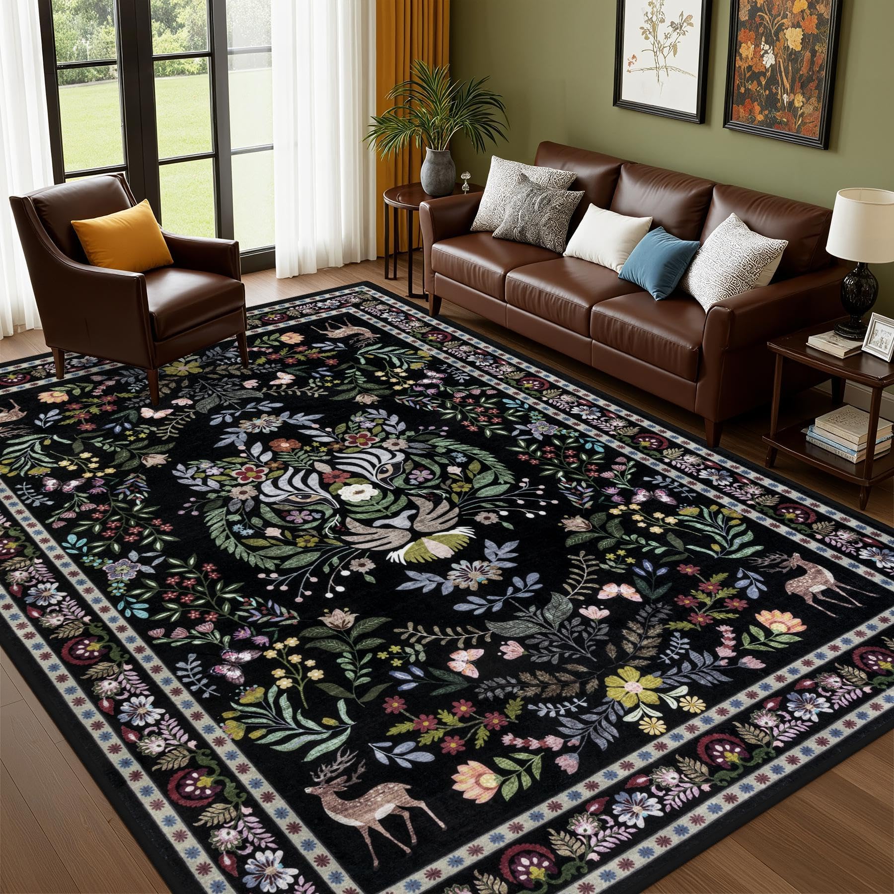 Tapis de salon lavable et antidérapant style bohème noir