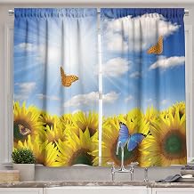 Ambesonne Sunflower Long Kitchen Curtains, Sunflowers in Meadow with Butterflies Floral Image Country Style Home Design, Two Panels Drapes with Rod Pocket Room Decor, 55" X 45", Yellow Blue