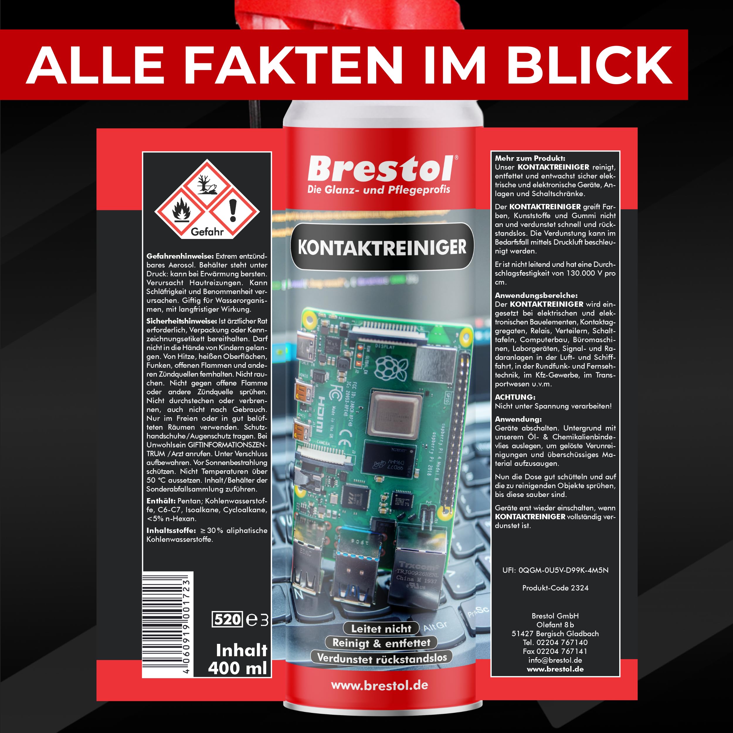 BRESTOL® KONTAKTREINIGER 4x 400 ml für Elektronik, Elektronikreiniger Platinenreiniger Raspberry-Pi Sicherheits-Reinigungsspray Lithiumsprühfett Kontaktspray Elektro-Reiniger Elektronik-Reiniger