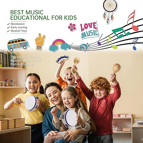 Miniatura 2 de Instrumentos Musicales, Set de Percusión de Madera Natural Ecológica Regalo con Caja de Almacenamiento y Bolsa Mochila con Cordón - Mejorando la