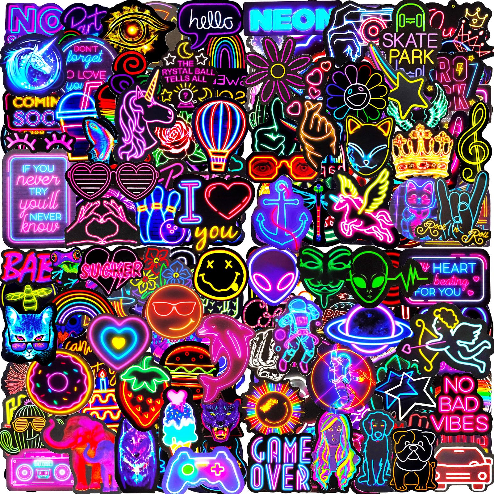 Water Bottle Stickers 200 Pcs Cool Neon Sticker Packs, Prizes for Kids Classroom Reward, Waterproof Vinyl Stickers for Water Bottles Laptop Skateboard Scrapbooking Journaling Notesbook Luggage etc