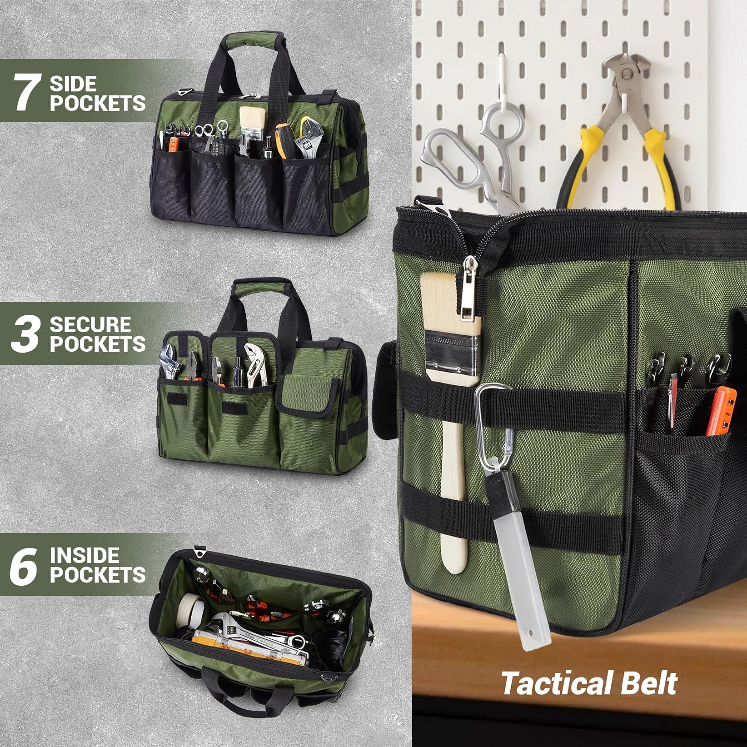 15" Tool Bag Organizer for Men, Heavy Duty Portable Tool Tote Bag with Adjustable Shoulder Strap, Durable Soft Handle, Gift for Dad, Mechanic, Electrician, Black and Green