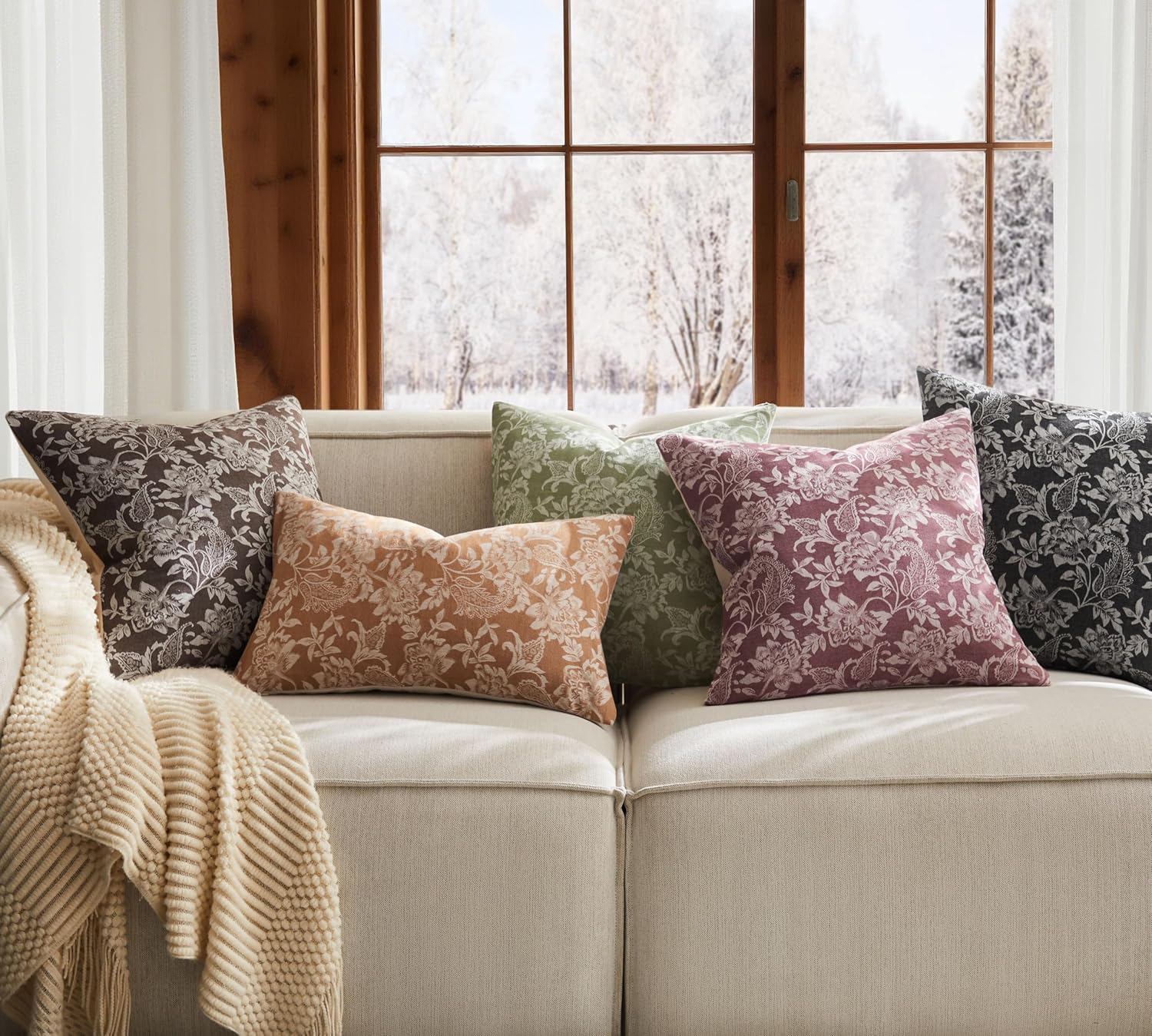 Floral Jacquard Lumbar Throw Pillow Covers Set of 2, Background/Chocolate 12x20 Inch, Farmhouse Decorative Cotton Dark Brown Cushion Covers for Sofa Bed Living Room Home Decor - Image 7