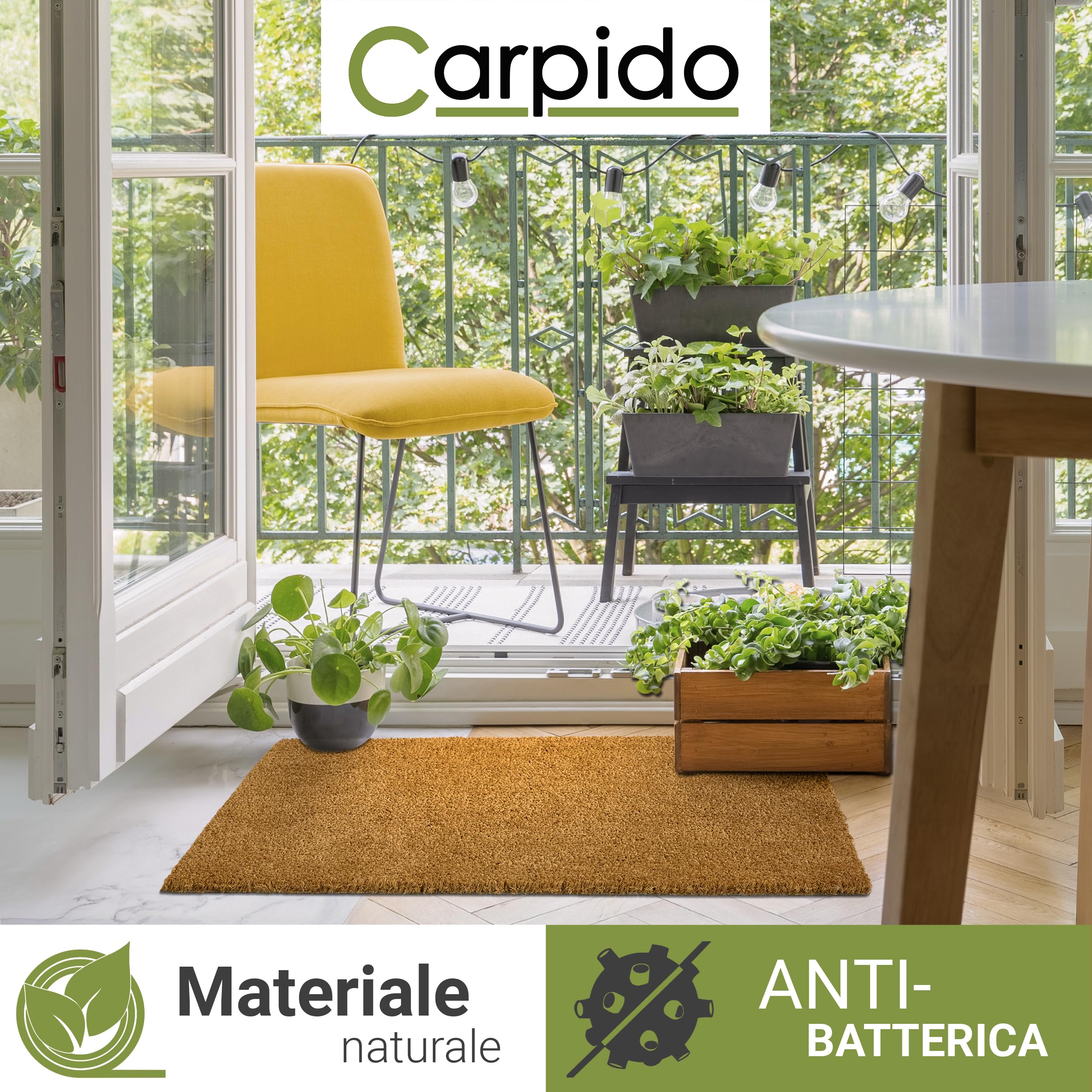 Carpido Zerbino in cocco antiscivolo - 40 x 60 cm naturale - Fibra naturale sostenibile per esterni coperti - 100% cocco - Tappetino per ingresso
