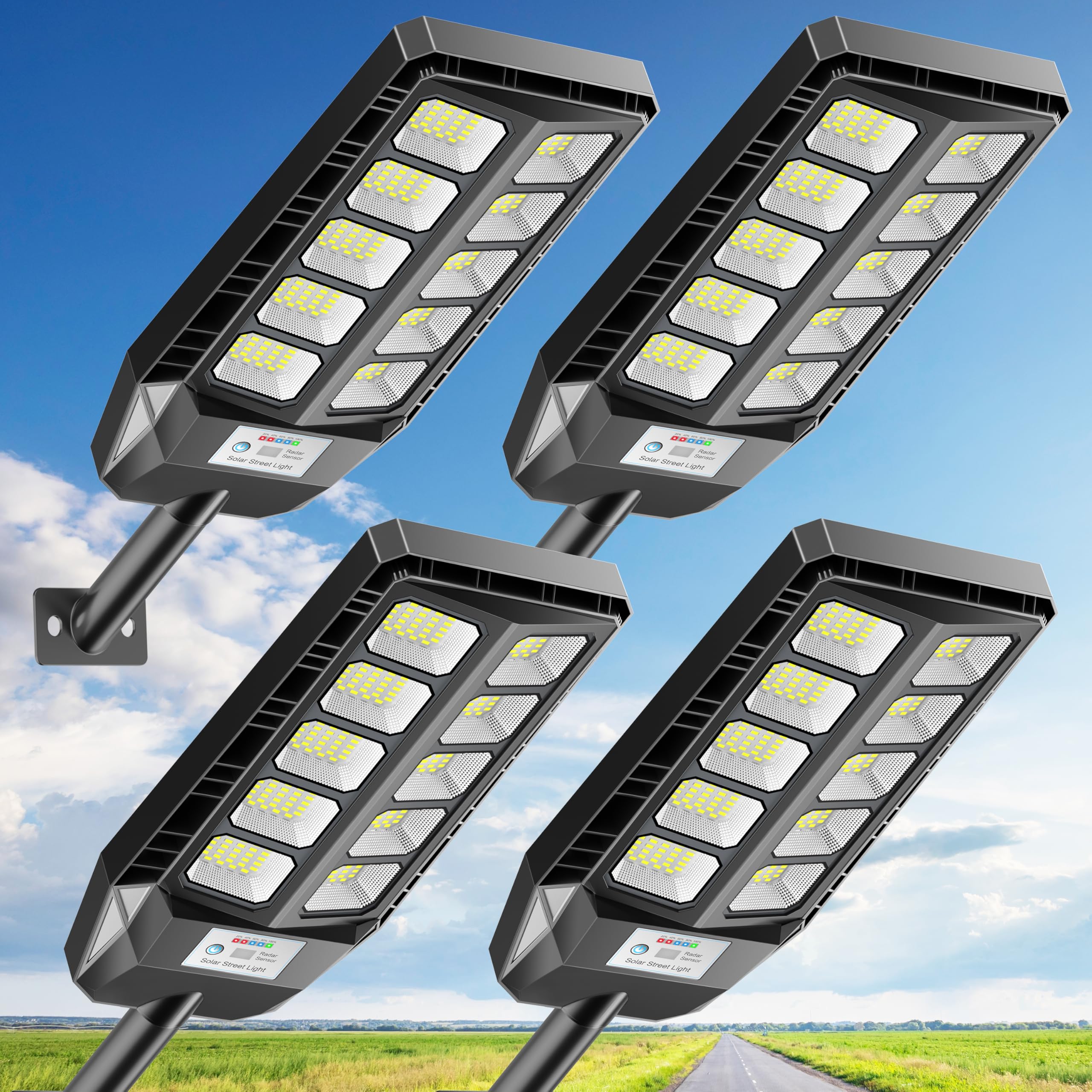 Solar Lights Outdoor, IP66 Waterproof Street Lights Outdoor, 6500K Dusk to Dawn Solar Security Flood Lights Motion Sensor with Remote Control for Yard, Entryway Garage, Porch 4 Pack