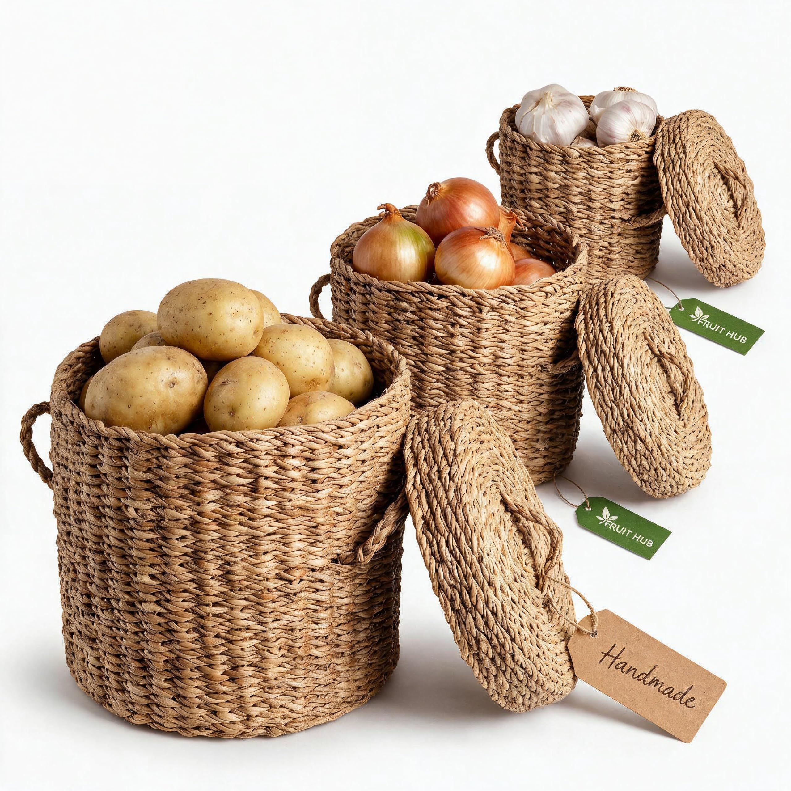 Kartoffel Aufbewahrung 3er Set aus Seegras - Zwiebel & Knoblauch Aufbewahrung - Nachhaltiger Gemüsekorb für Küche & Vorratsraum - Handgefertigt & Plastikfrei