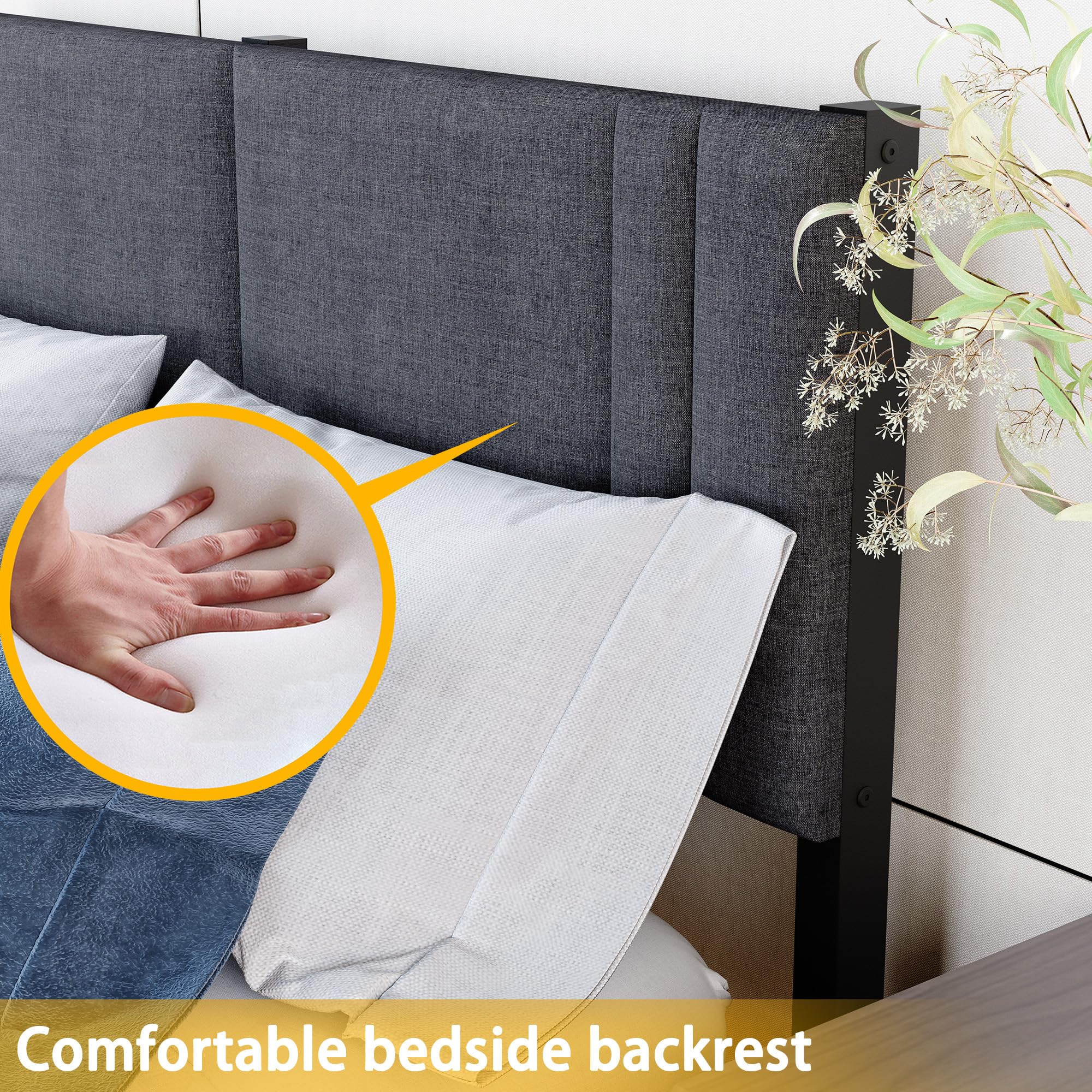 HAHRIR Struttura per letto in metallo, 140 x 200 cm, con testiera e rete a doghe, senza rumore, colore: grigio