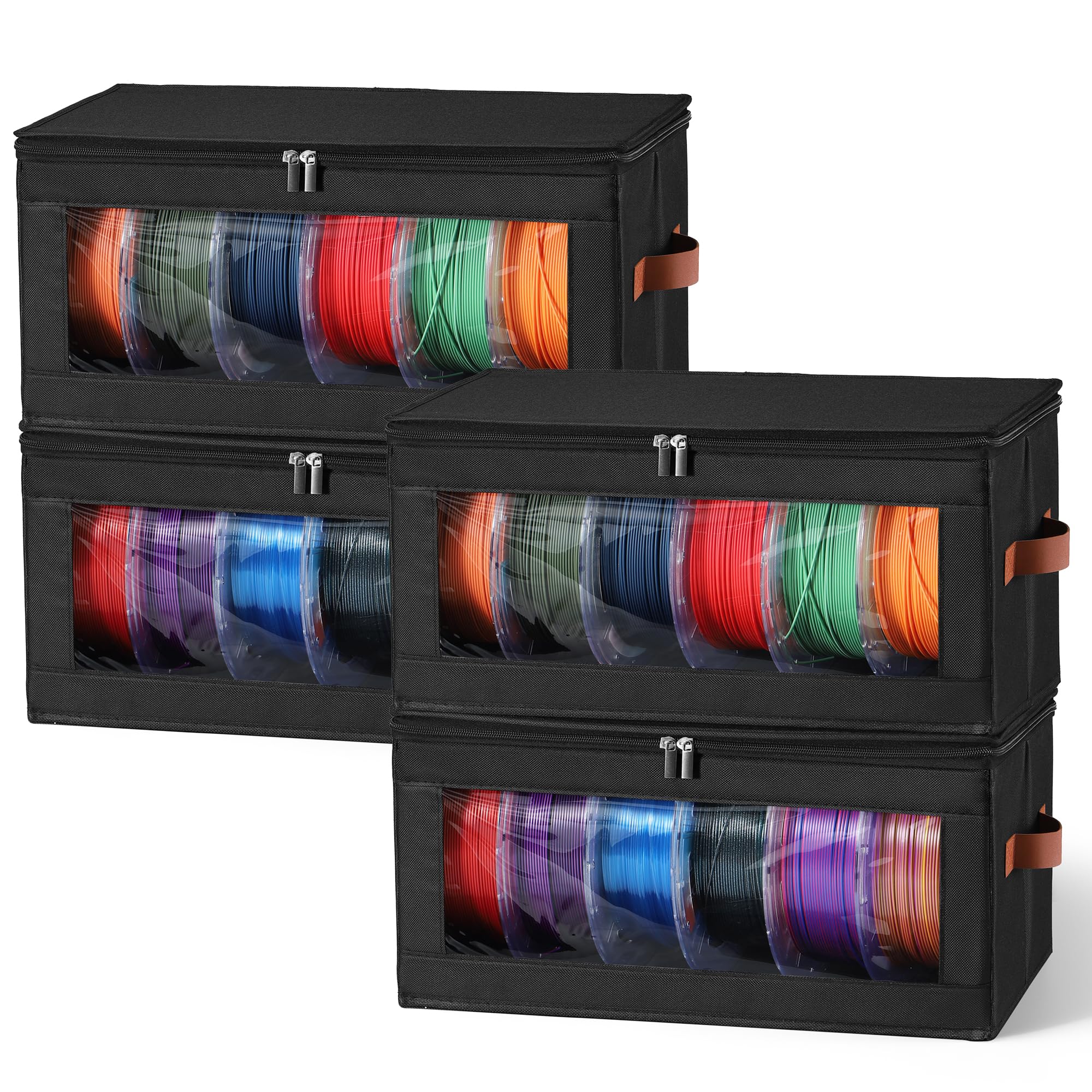 YOOPAI Filament-Aufbewahrungsbox, 4er-Pack Stapelbarer Aufbewahrungsboxen für 24 Rollen 3D-Drucker-Filaments, Faltbar aus Oxford-Gewebe mit transparentem Sichtfenster, PP-Stützplatten und Tragegriffen