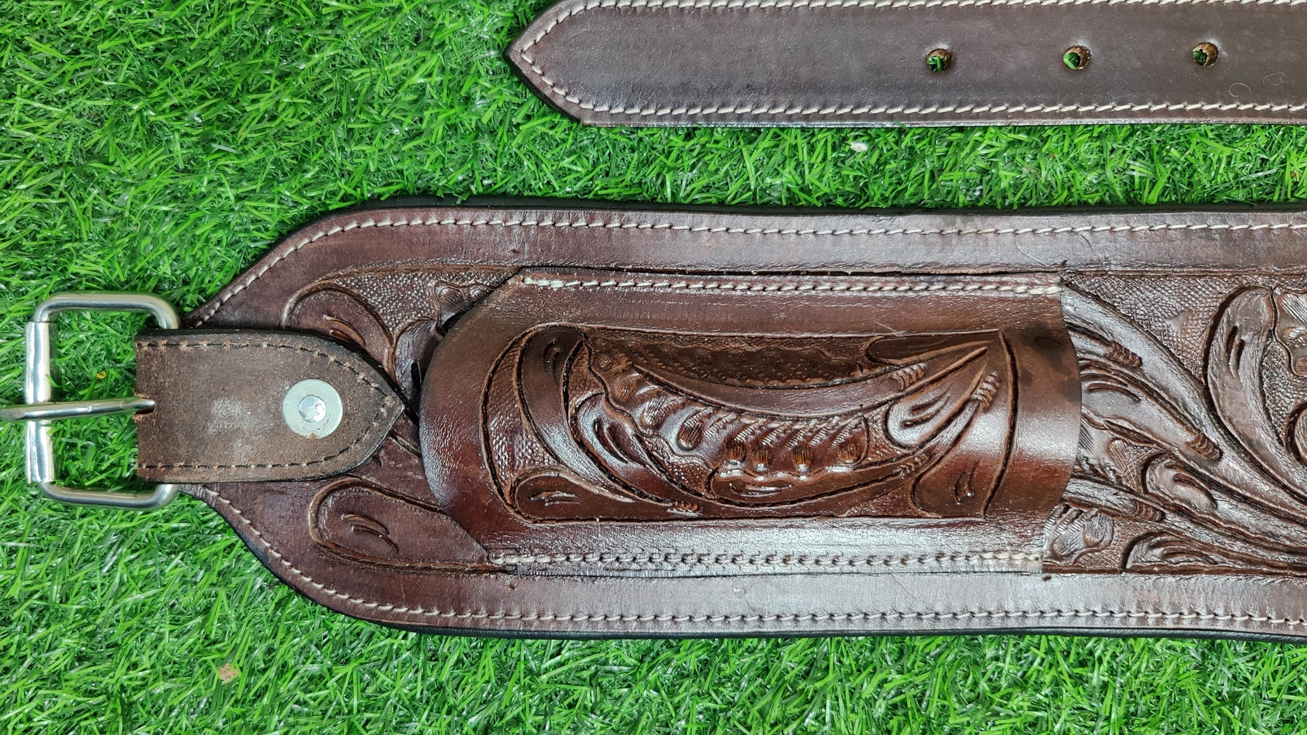 Sangles Western En Cuir Marron Foncé Avec Surpiqûres Bleues Et Bouts De Dollars