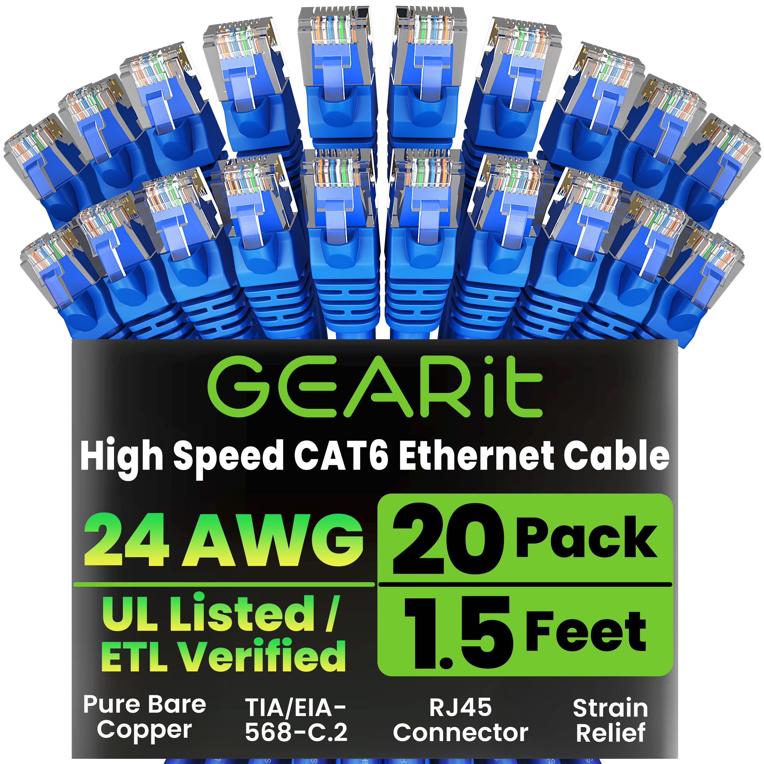GEARit Cat 6 Ethernet Cable (10-Pack 3 Feet) Cat6 Network Patch, 10Gbps, RJ45, Snagless Cord, Gold-Plated Connectors, Internet for PC, TV, Tablet, Router, Printer, Servers, IT Data Center - Blue — view 37