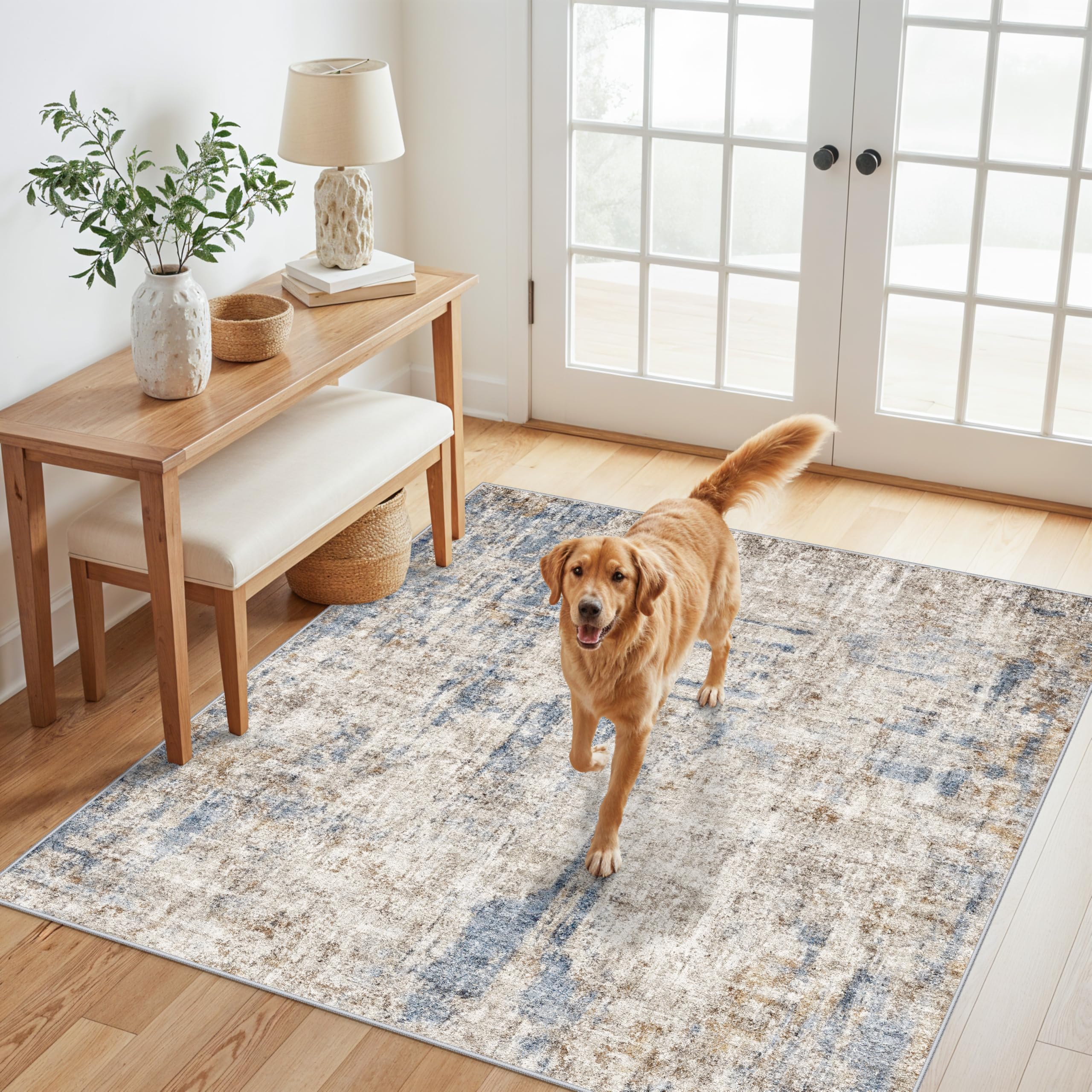 5x5 Square Entryway Rug Washable – Non-Slip Small Area Rug for Kitchen or Bathroom, Soft Low-Pile Indoor Mat, Modern Abstract Thin Door Carpet (Blue Brown) — image 1