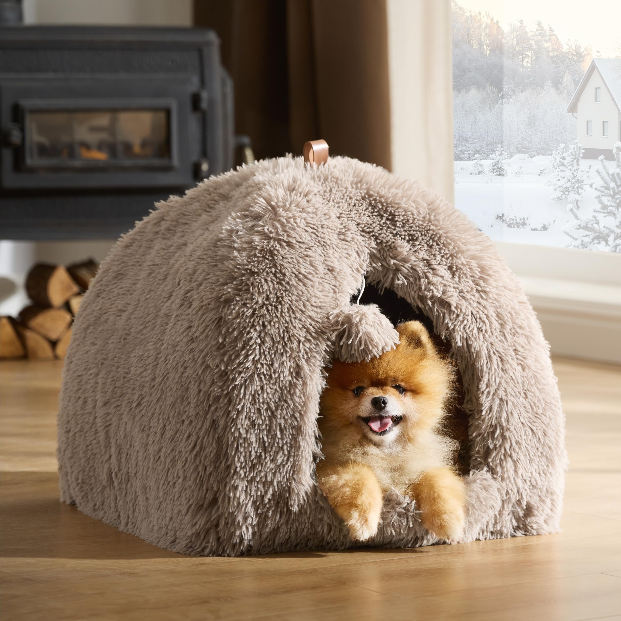 Bedsure Cuccia per gatti grande - 44x44x44 cm Casetta per gatti in peluche per interni con cuscino rimovibile e giocattolo appeso, lettino per gatti lavabile, cammello