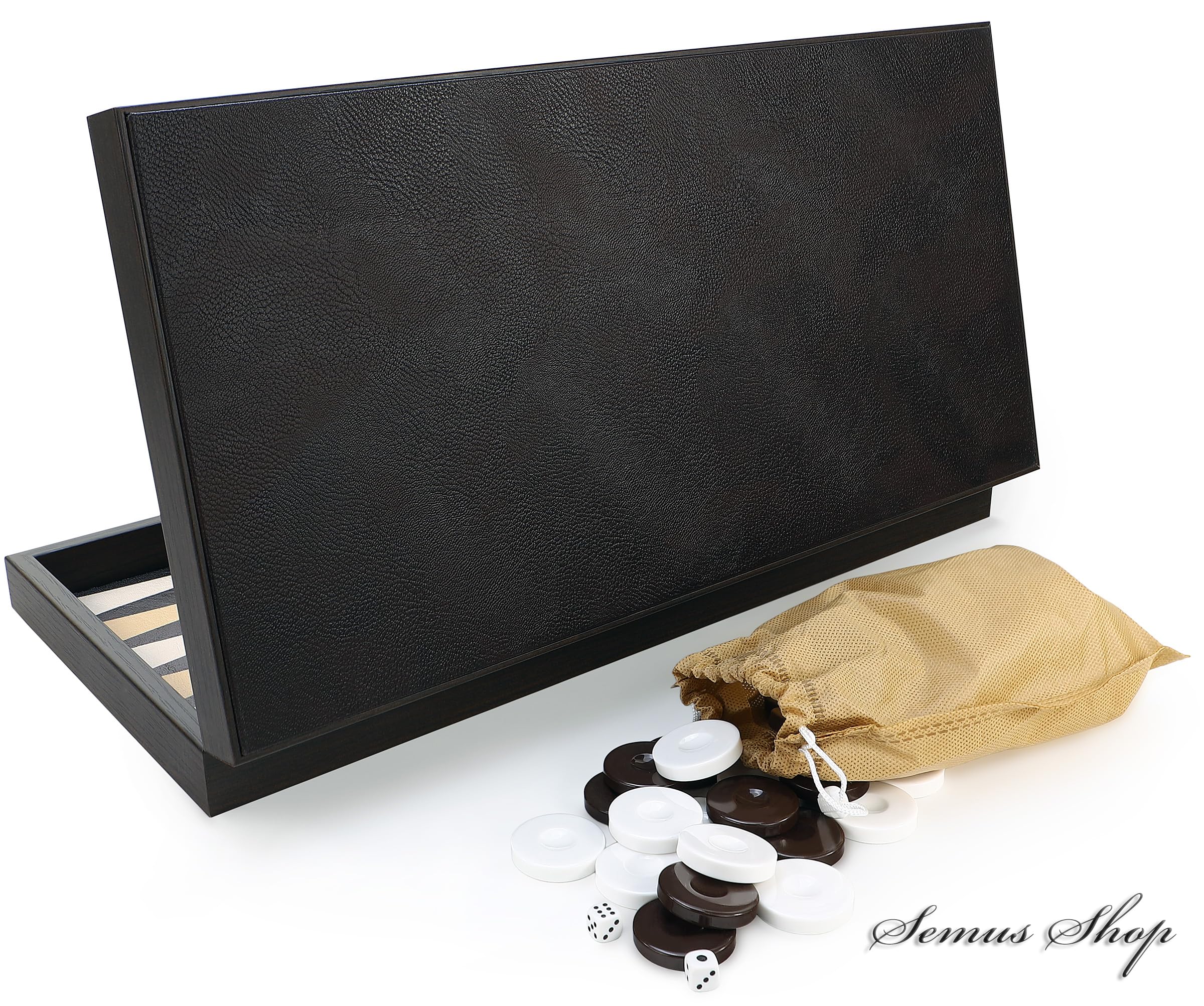 Backgammon de luxe XXL - Plateau de jeu classique en bois et cuir synthétique résistant aux rayures - 48 x 48,5 cm - Pliable avec fermeture magnétique - Pierres et dés inclus - Fait main en Turquie
