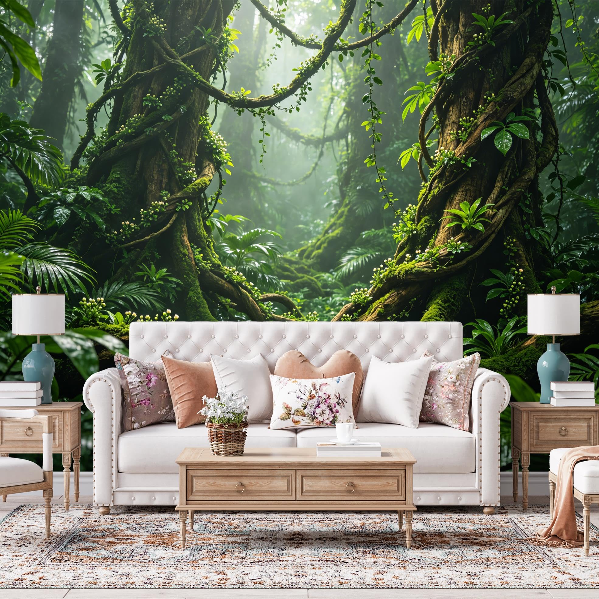 Papier peint tropical vert forêt panoramique 3D adhésif mural lavable vinyle salon greenery