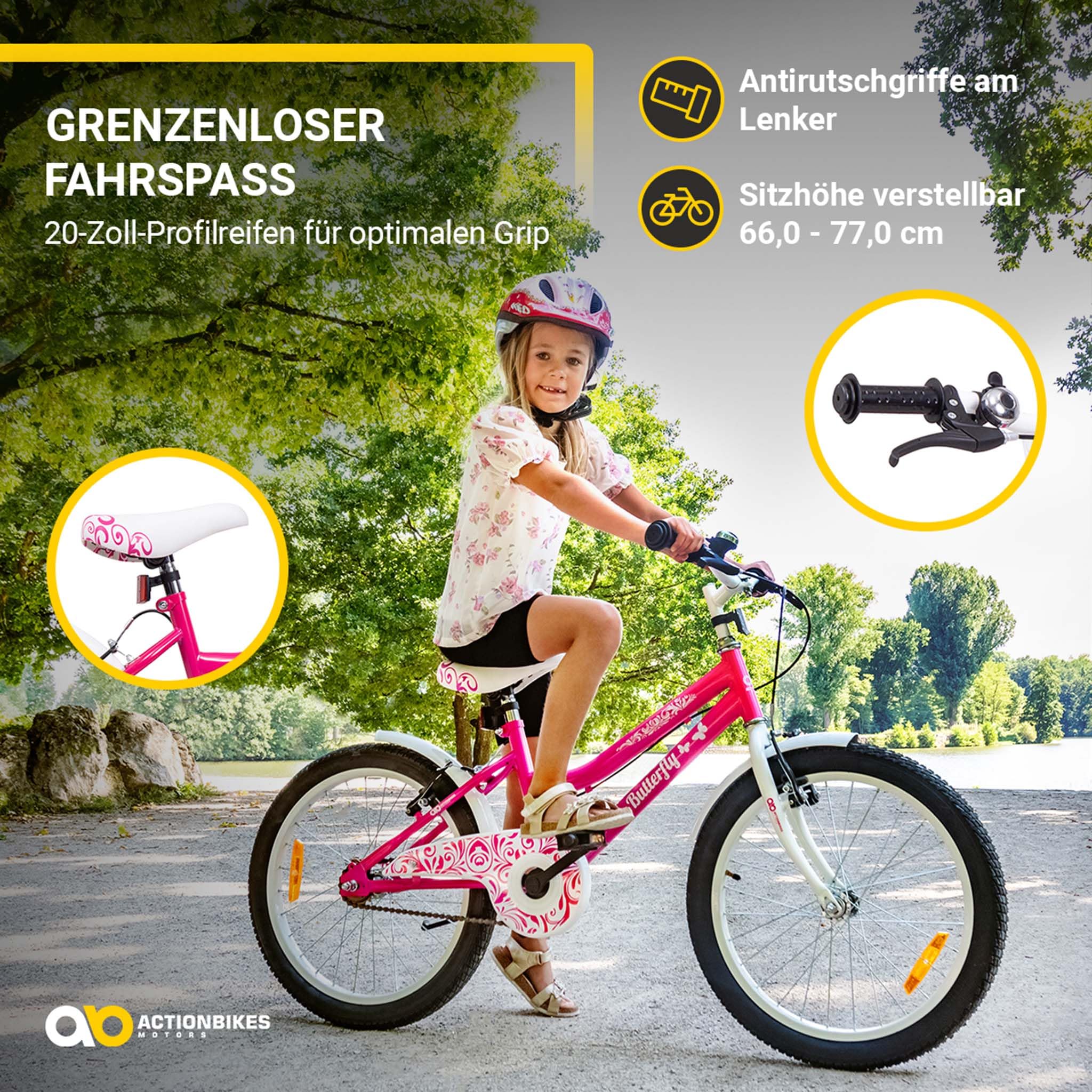Actionbikes Kinderfahrrad Butterfly | 20 Zoll - V-Brake Bremsen - Schutzblech v. und h. - Kinder Fahrrad für Mädchen - Fahrräder - Kinderrad - Jugendrad - Von 6-9 Jahren