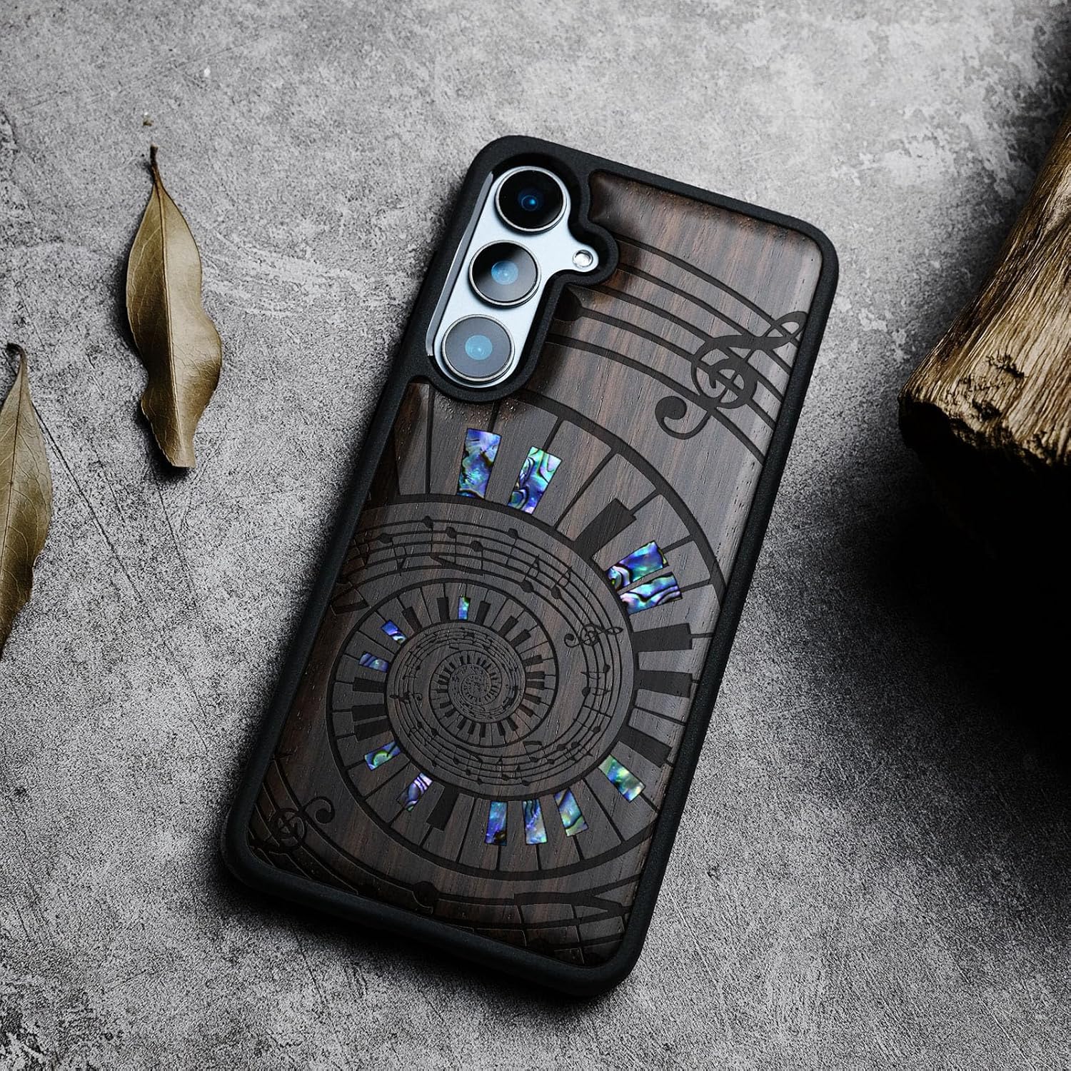 Carveit Designer Wooden Case for Samsung Galaxy S24 FE Case [Wood Engraving & Shell Inlay] Compatible with Wireless Chargers S24 FE Cover (A Spiral Symphony-Blackwood)