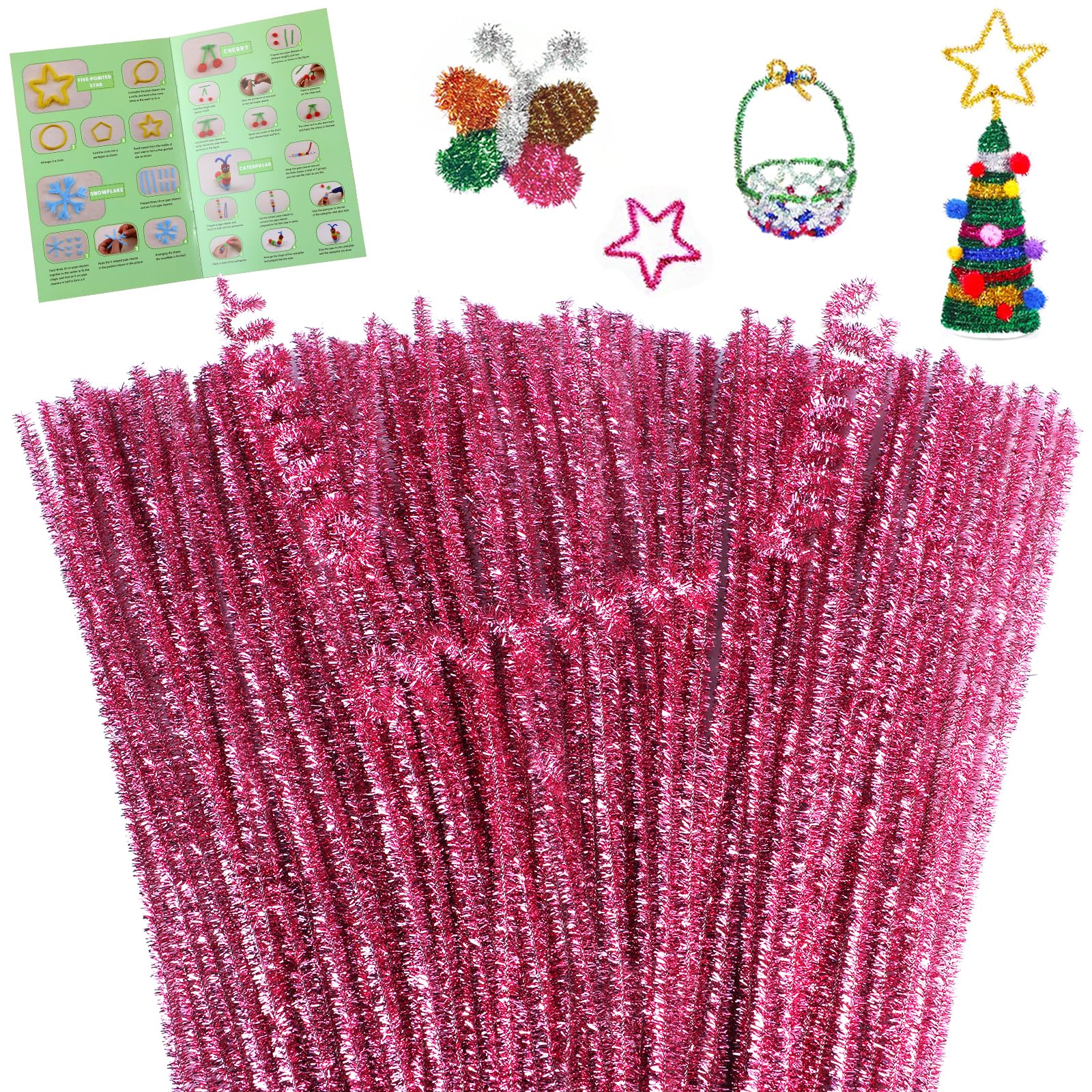 Giwrmu 100 Pieces Pipe Cleaners Chenille Stem, Glitter Pink Pipe Cleaners Craft, Fuzzy Sticks Craft Supplies, Colored Pipe Cleaner for Creative