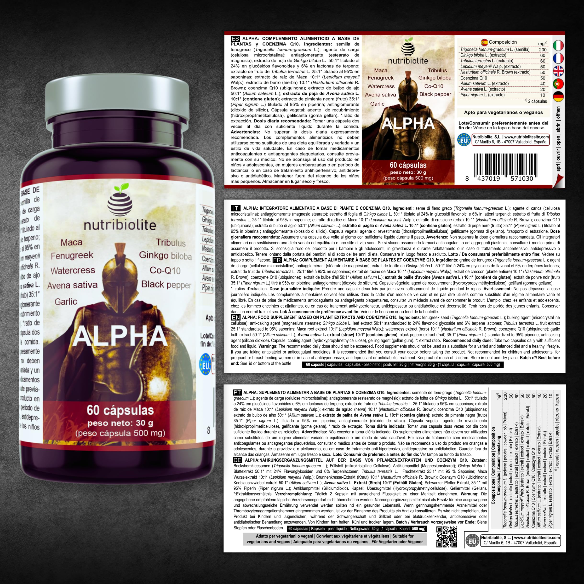 Complesso Altamente Concentrato con Maca, Tribulus, Fieno Greco, Ginkgo, Co-Q10, Piperina. Forza + Resistenza + Energia. Pre-allenamento. 60 capsule vegane - ALPHA