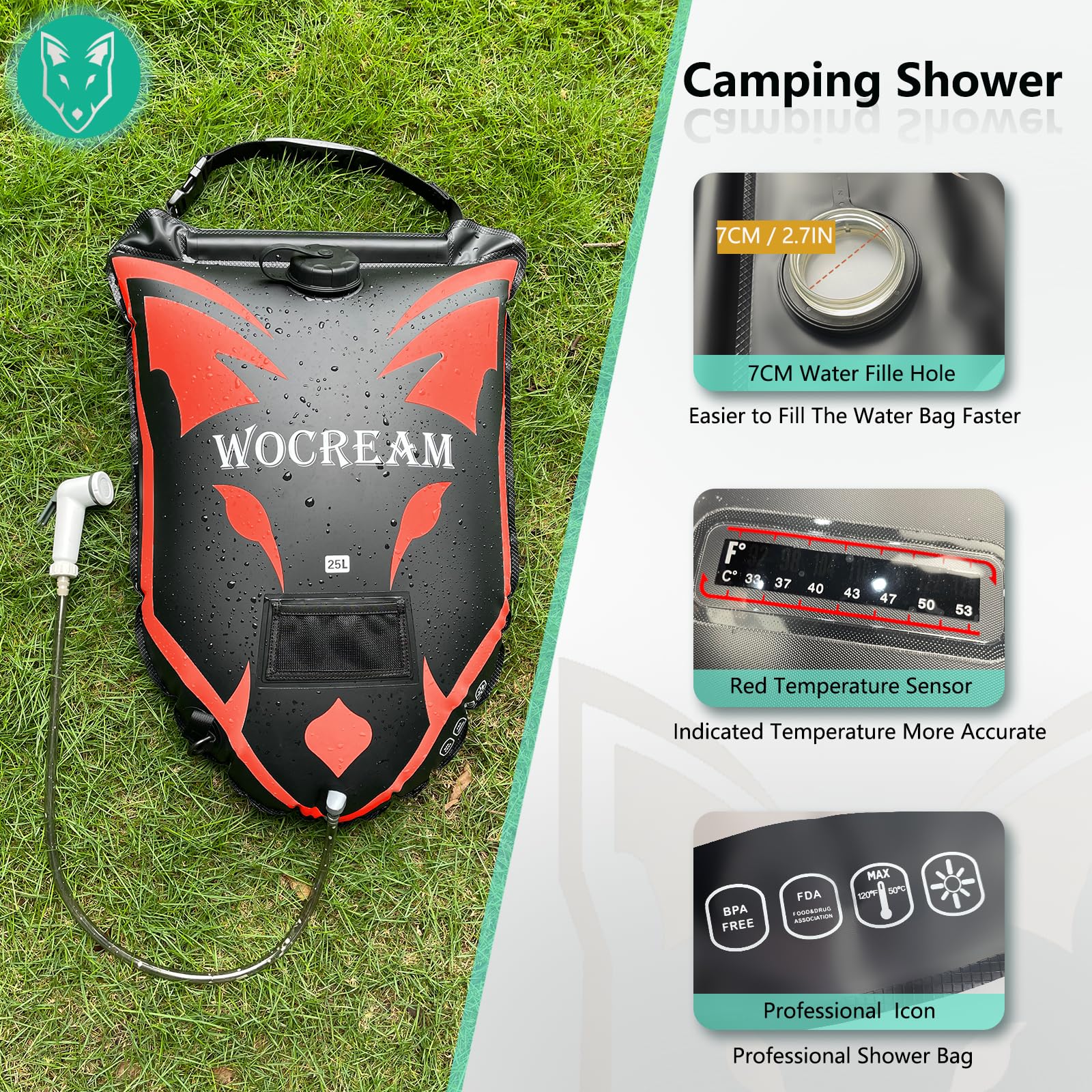 Sac de douche de camping en plein air de 25 l - Grand débit d'eau - Douchette solaire - Sac de douche en PVC - Portable - Pour le camping, la plage, la randonnée - Orange