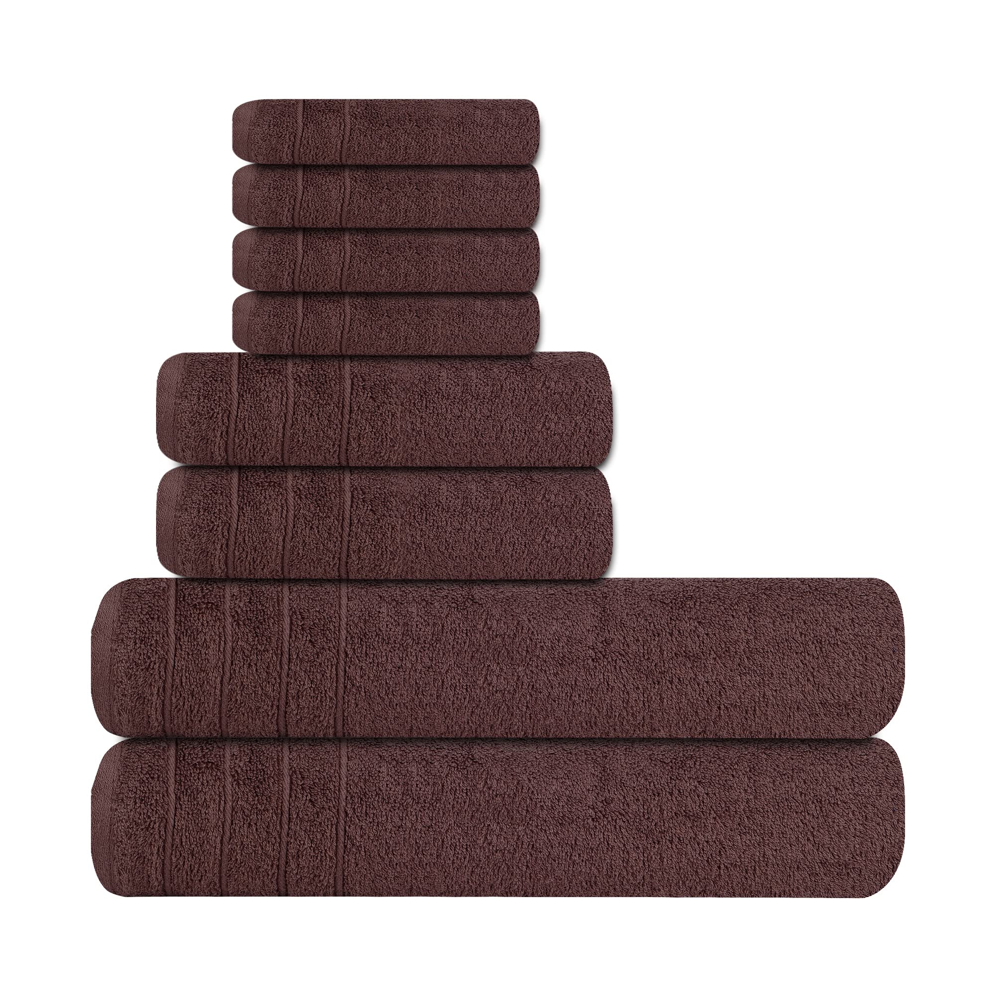 Tens Towels Bath Towels Set, 2 Extra Large Bath Towels, 2 Hand Towels, 4 Washcloths, 100% Cotton, Lighter Weight, Super Absorbent, Quick Dry Bathroom Towels for Daily Use (Set of 8) (Chocolate Brown)