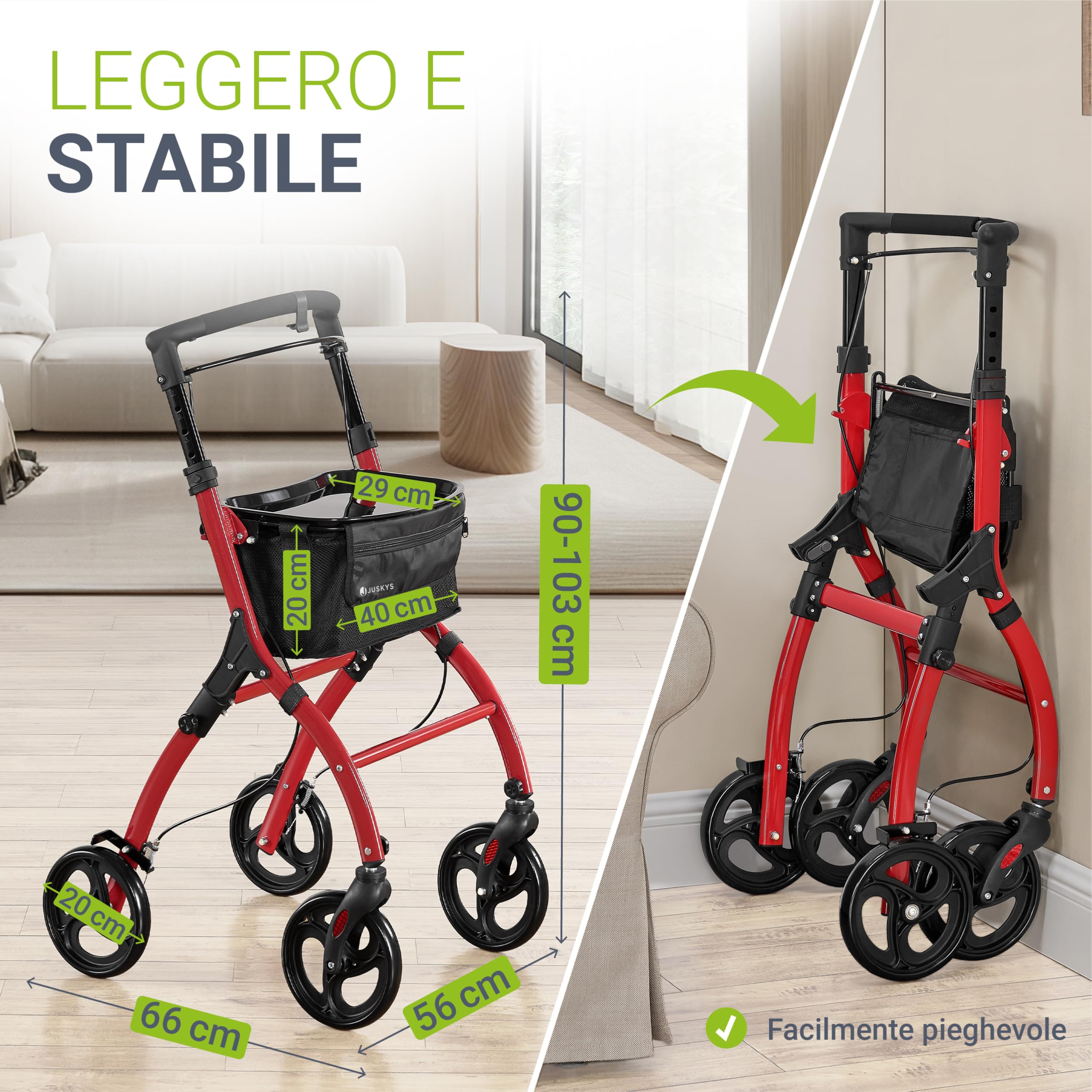 Juskys Deambulatore da Interno in Alluminio con Vassoio & Borsa - Rollator Leggero, Stretto & Pieghevole - Rosso