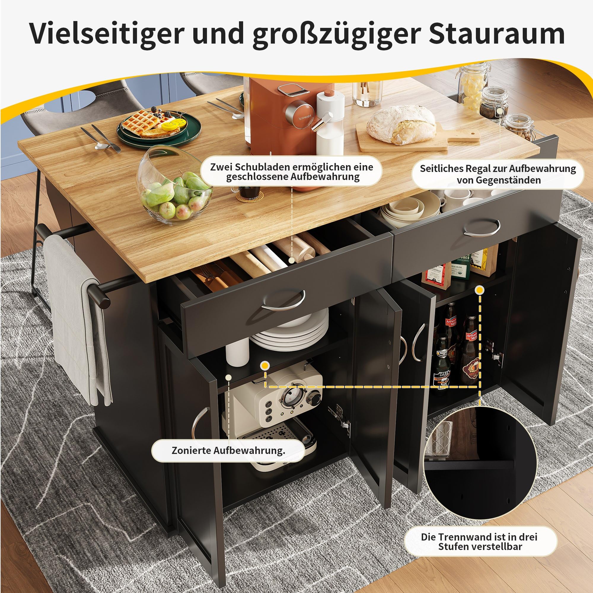 Kücheninsel 106×50×90.5cm mit Holzmaserung Multifunktionale Esstisch Schwarz