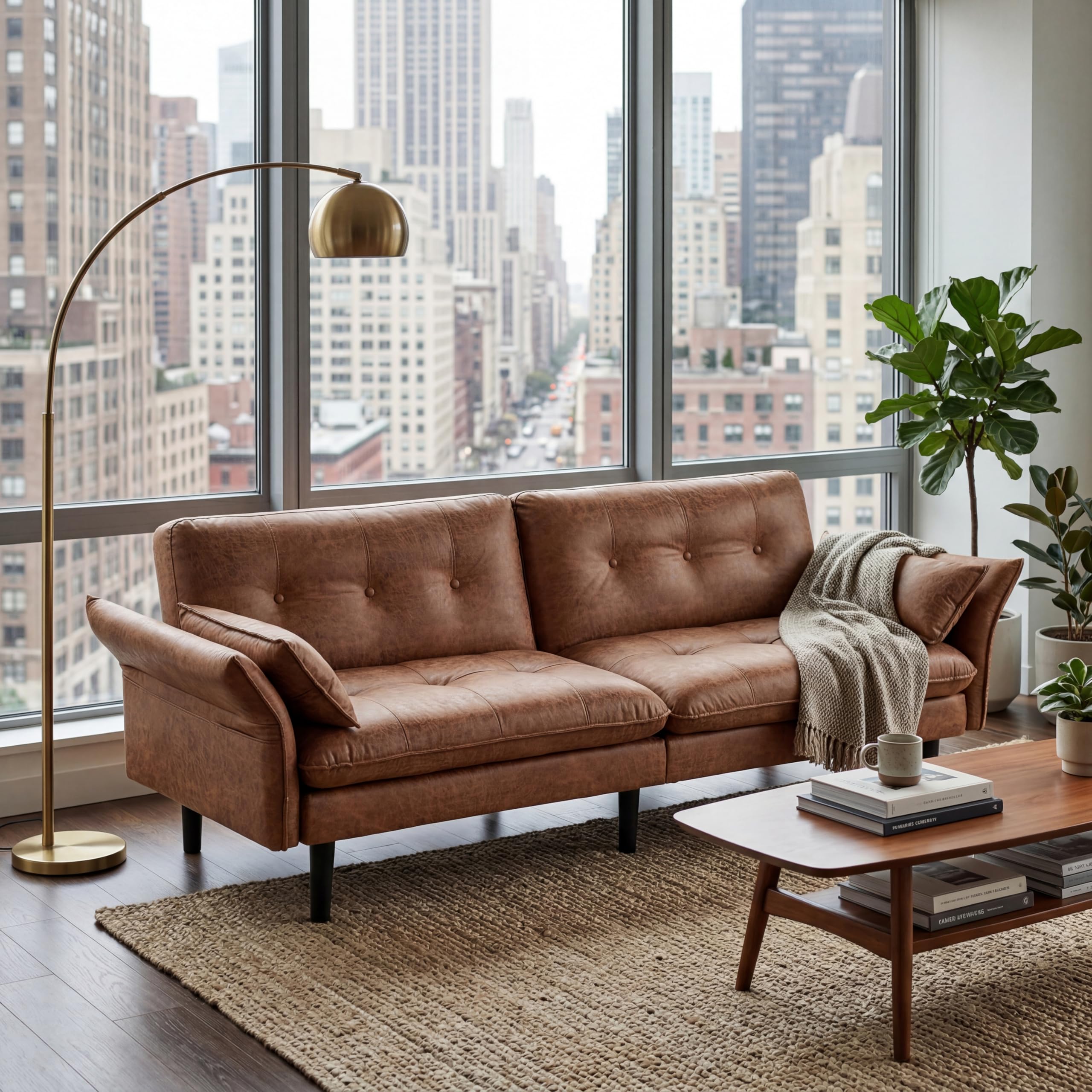 Faux Leather Futon Sofa Bed, Convertible Sleeper Sofa Couch | Leather Couch with Adjustable Backrest and Armrests, Sleeper Sofa for Living Room, Bedroom, Office, Camel(Brown)
