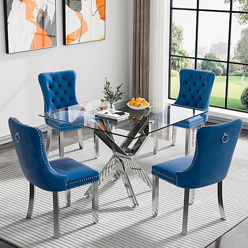 Glass Dining Room Table Set for 4, 5 Piece Dining Table Set with 35" Square Glass Dining Table & Upholstered Velvet Chairs Set of 4, Small Kitchen Table Set for Dinette Breakfast Cafe, Silver & Blue