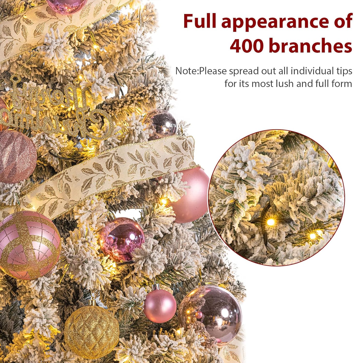 4.5FT Prelit Snow Flocked Artificiall Christmas Tree, Fire-Resistant Hinged Xmas Tree with 1000 PVC Branch Tips and Warm White Light Metal Stand for Home, Office, Party Decoration