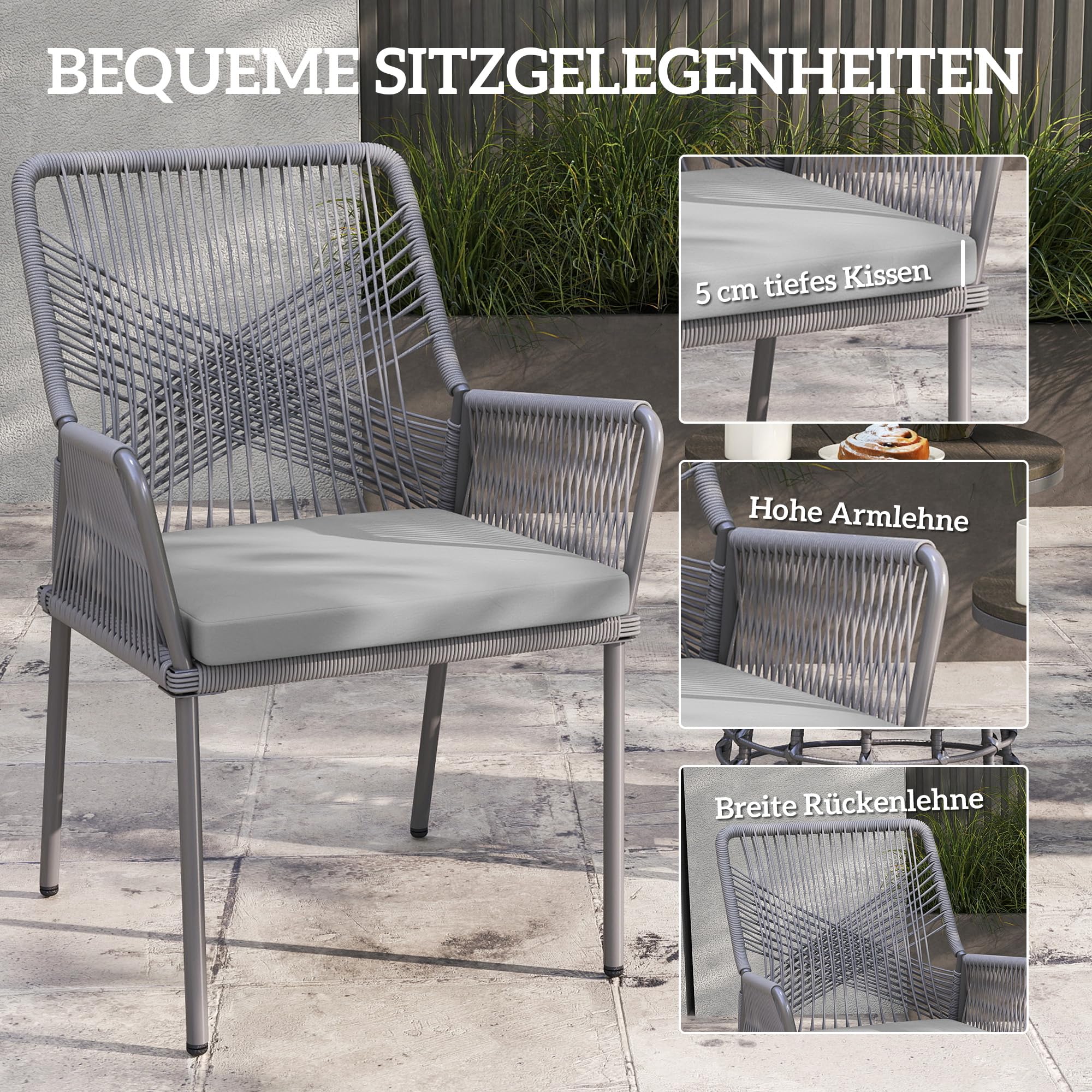 Outsunny Gartenstuhl Armlehne Abnehmbare Rückenlehne 2er Set Dunkelgrau