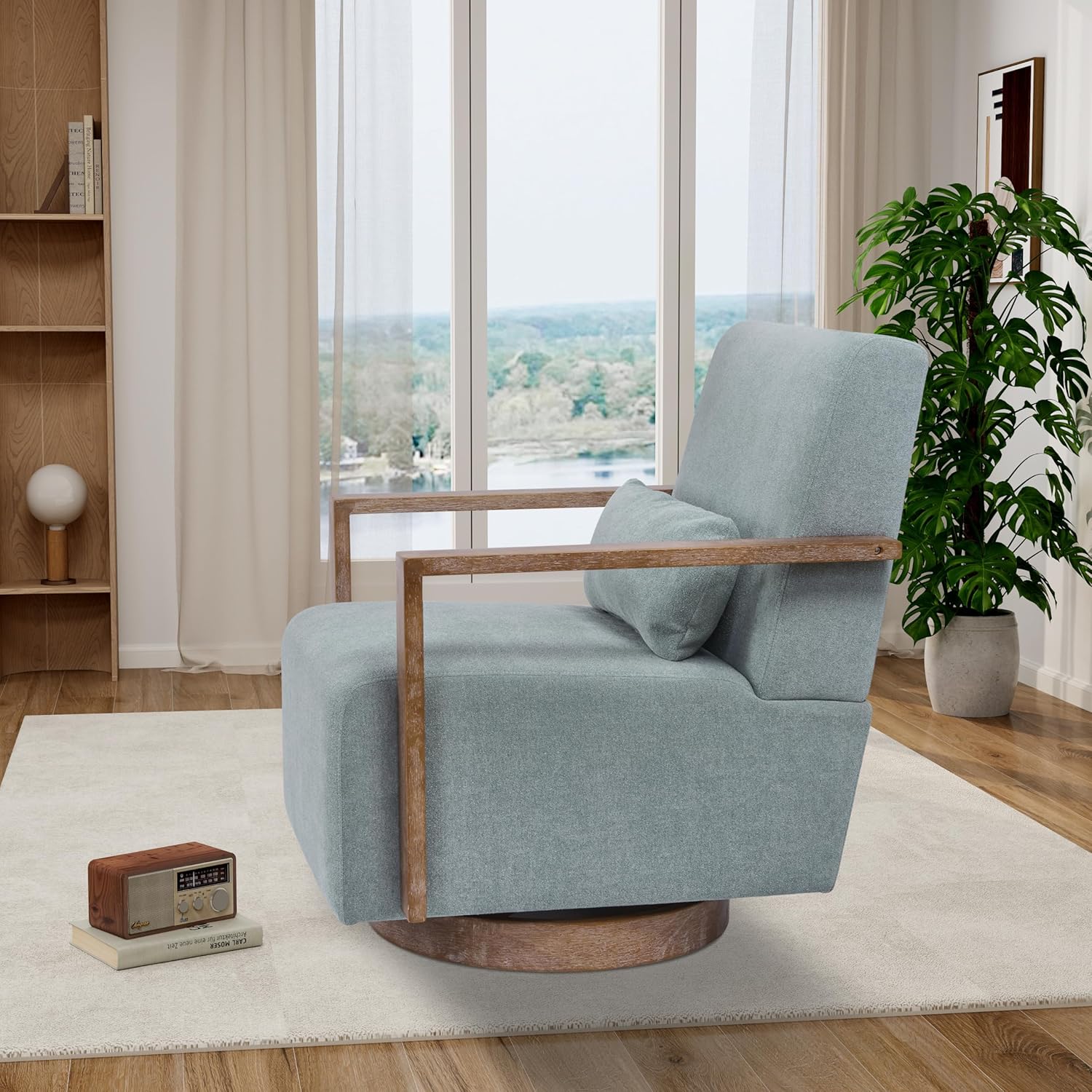 30.5" W Swivel Modern Fabric Upholstered Accent Chair with Solid Wood Armrests, Comfy Lounge Reading Chair, Side Armchair for Hotel Bedroom Living Room Office Nursery Room (Pale Green Linen)