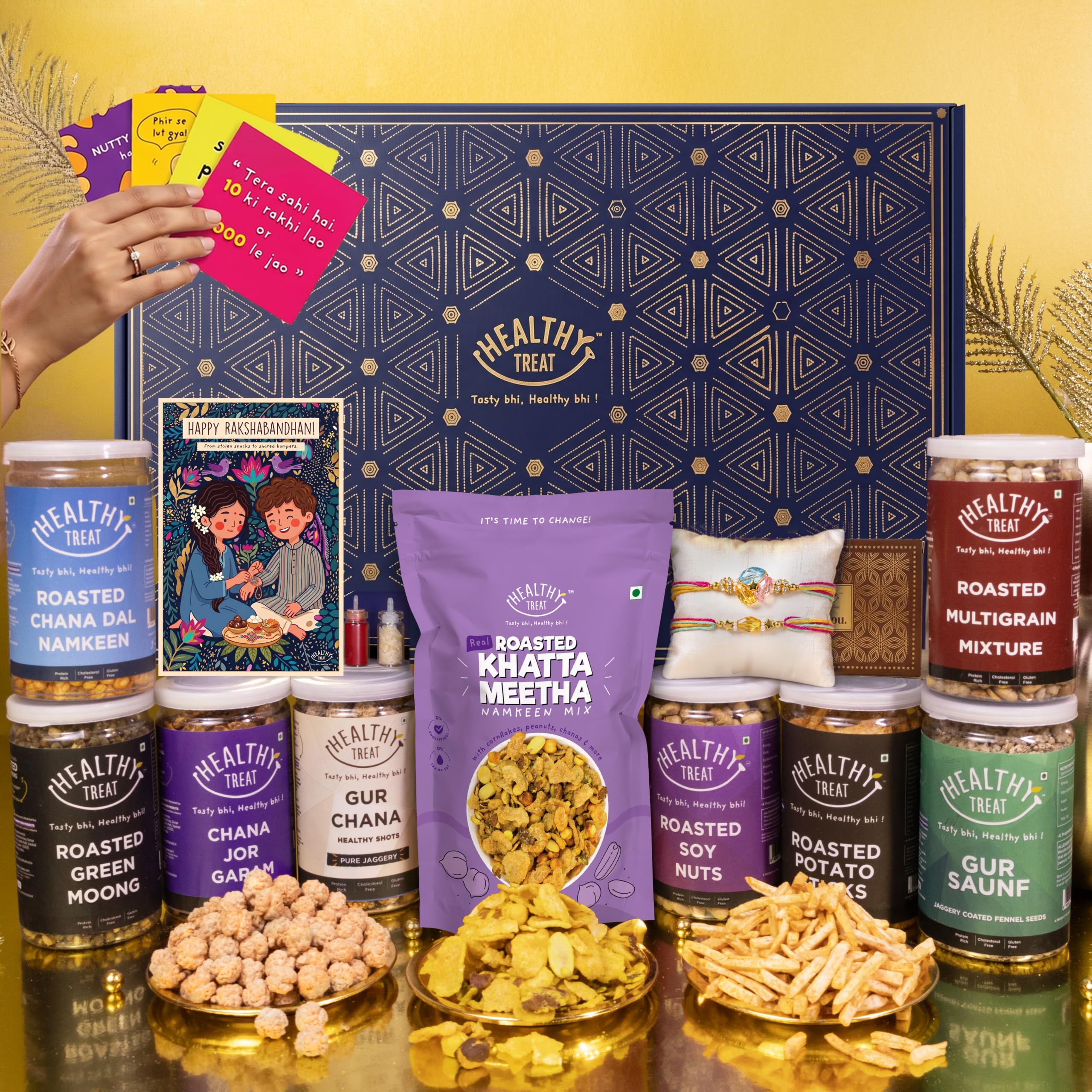 Healthy Treat Khushiyan Rakhi Gift Hamper | Roasted Snacks, Berries, A pair of Rakhii, Roli Chawal, Greeting Card, Stickers | Rakhi's gift for Brother and Sister | The Ultimate Assorted Raksha Bandhan Gift Hampers