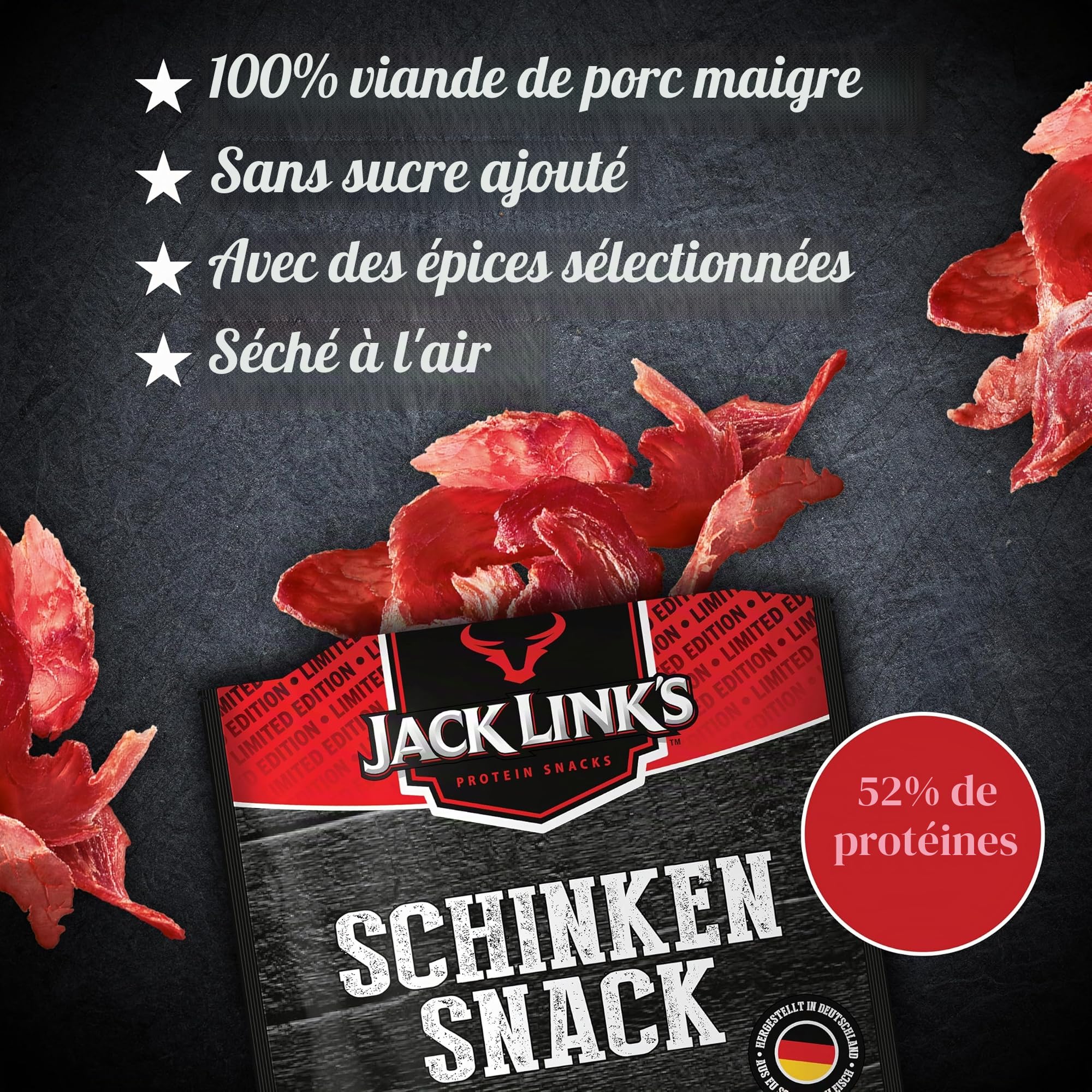 Jack Link’s Snack de Jambon - Pack de 12 (12 x 25 g) - Snack de viande riche en protéines à base de porc - High protein pour le sport - Viande séchée savoureuse fabriquée en Allemagne