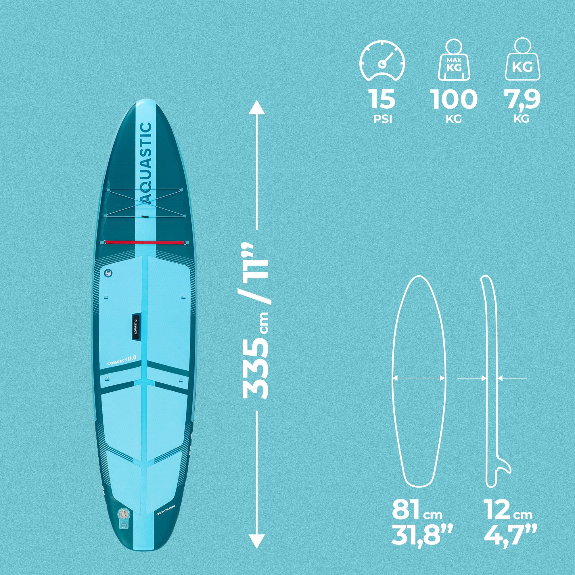 AQUASTIC Compact 11'0 SUP Board Set do wszechstronnego wiosłowania | 335 x 81 x 12 cm, do 100 kg, składane; w zestawie wiosło, pompka, plecak, smycz i 2 płetwy wsuwane