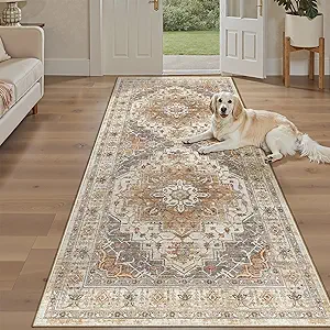 Madane Hallway Runner Rug 4x8 Wide: Washable Thin Runners for Hallways Entry, Non Slip Soft Vintage Kitchen Rugs Low Pile Carpet Runners for Living Room Bedroom Dining Room Foyer (Turmeric/Grey,4x8)