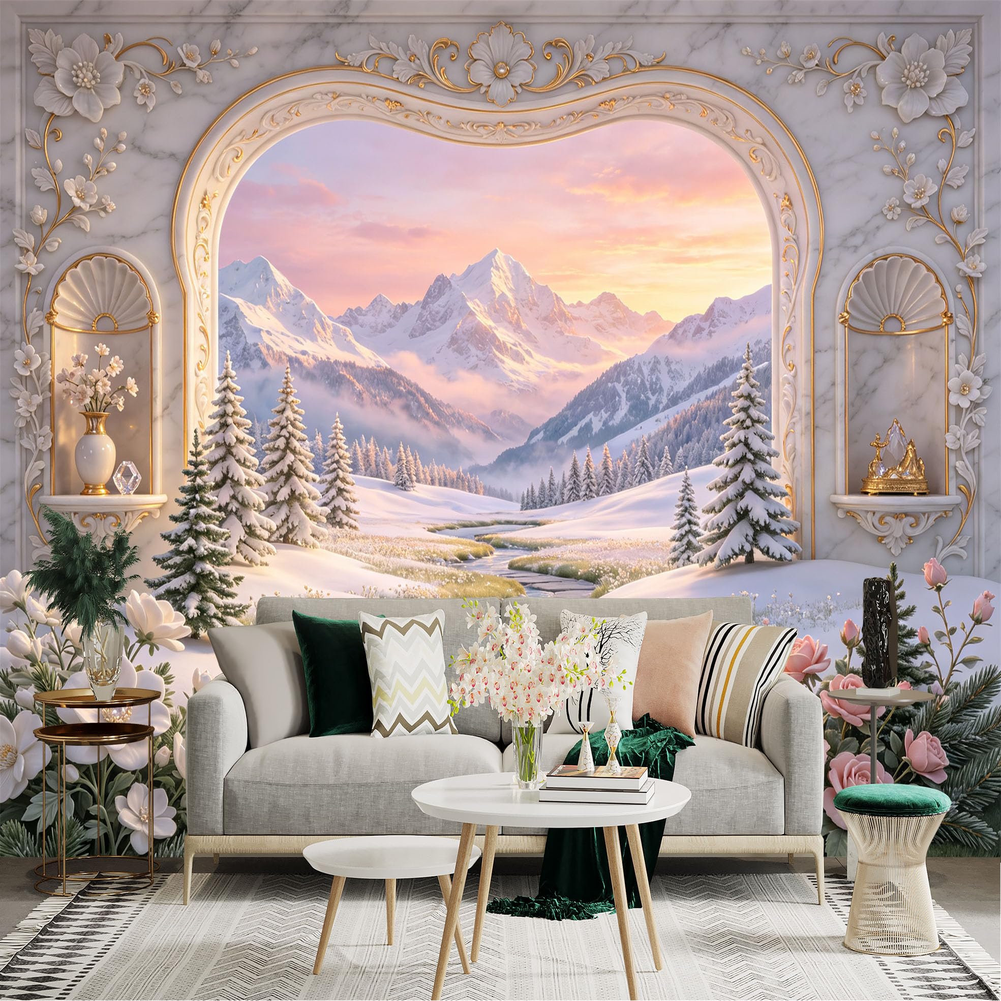 Lnzczhyre Bh260719112 Custom Size Wall Sticker Mural， Snow Capped Peaks， Winter Creek Landscape， Elegant Marble Archway， Blooming Roses， For Wall Decoration， Peelandstick Wall Decals.