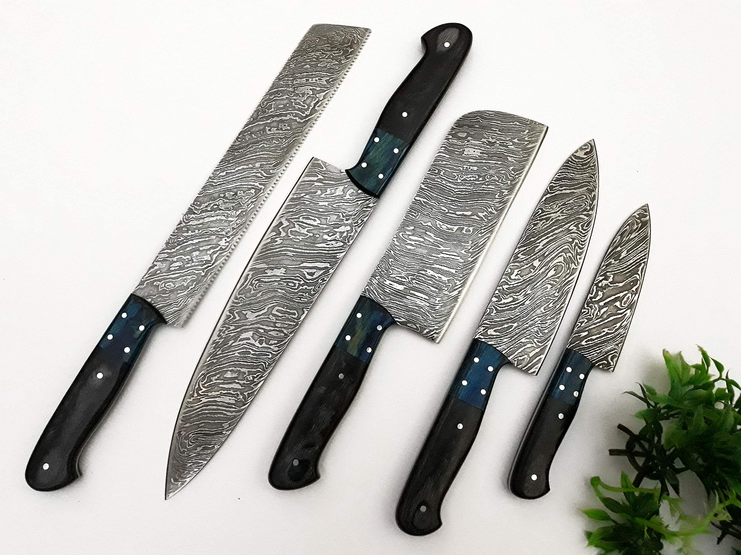 Nooraki Kitchen Knife Set 5 Pcs, Over 200 layers Damascus Steel Blade, colour Wood Bolster Handle, Twisted pattern, Comes with a genuine leather roll bag, beautiful Packaging