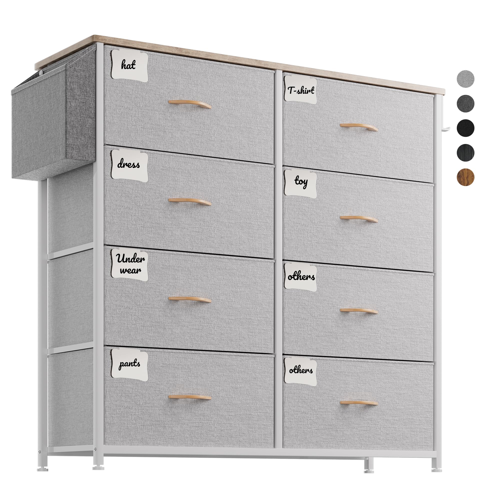 PURFINO Kommode mit Stoffschubladen - Geruchsfreie Stoffkommode aus Canvas mit 8 großen Schubladen, Etikettenkarten, Seitentasche & Haken für Wohnzimmer, Flur, Schlafzimmer